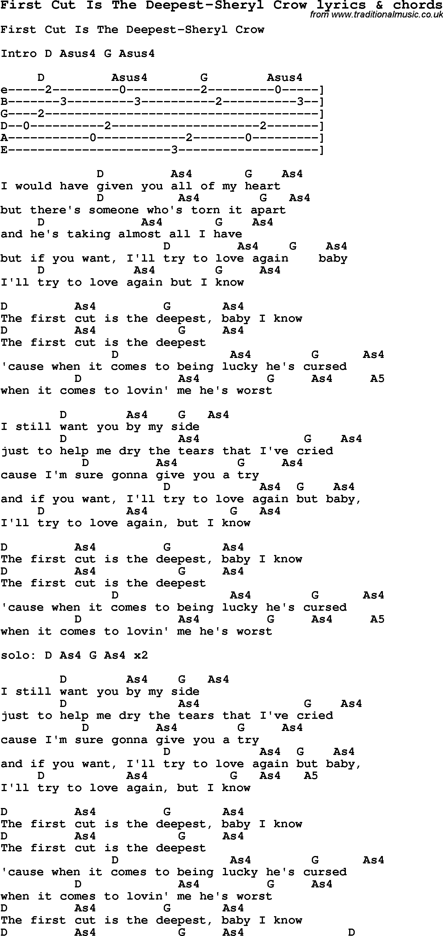 Love Song Lyrics For First Cut Is The Deepest Sheryl Crow With Chords