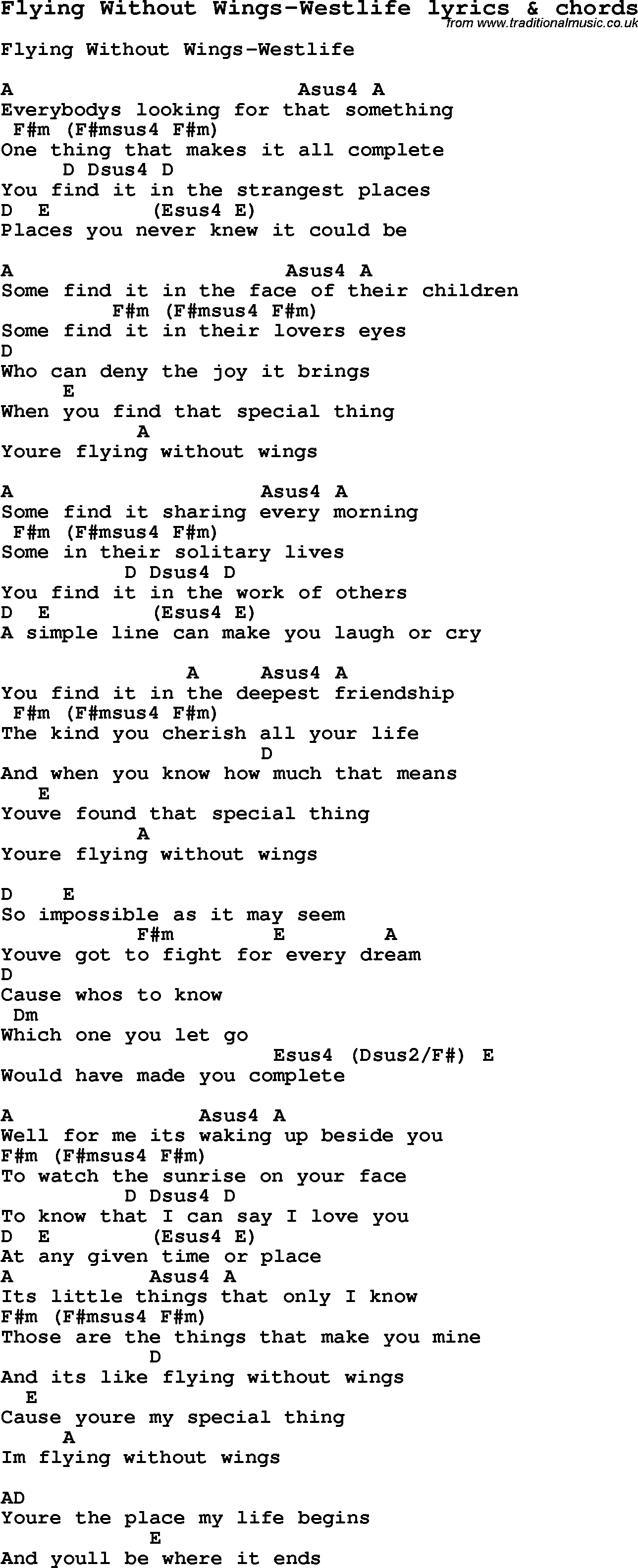 Love Song Lyrics for: Flying Without Wings-Westlife with chords for Ukulele, Guitar Banjo etc.