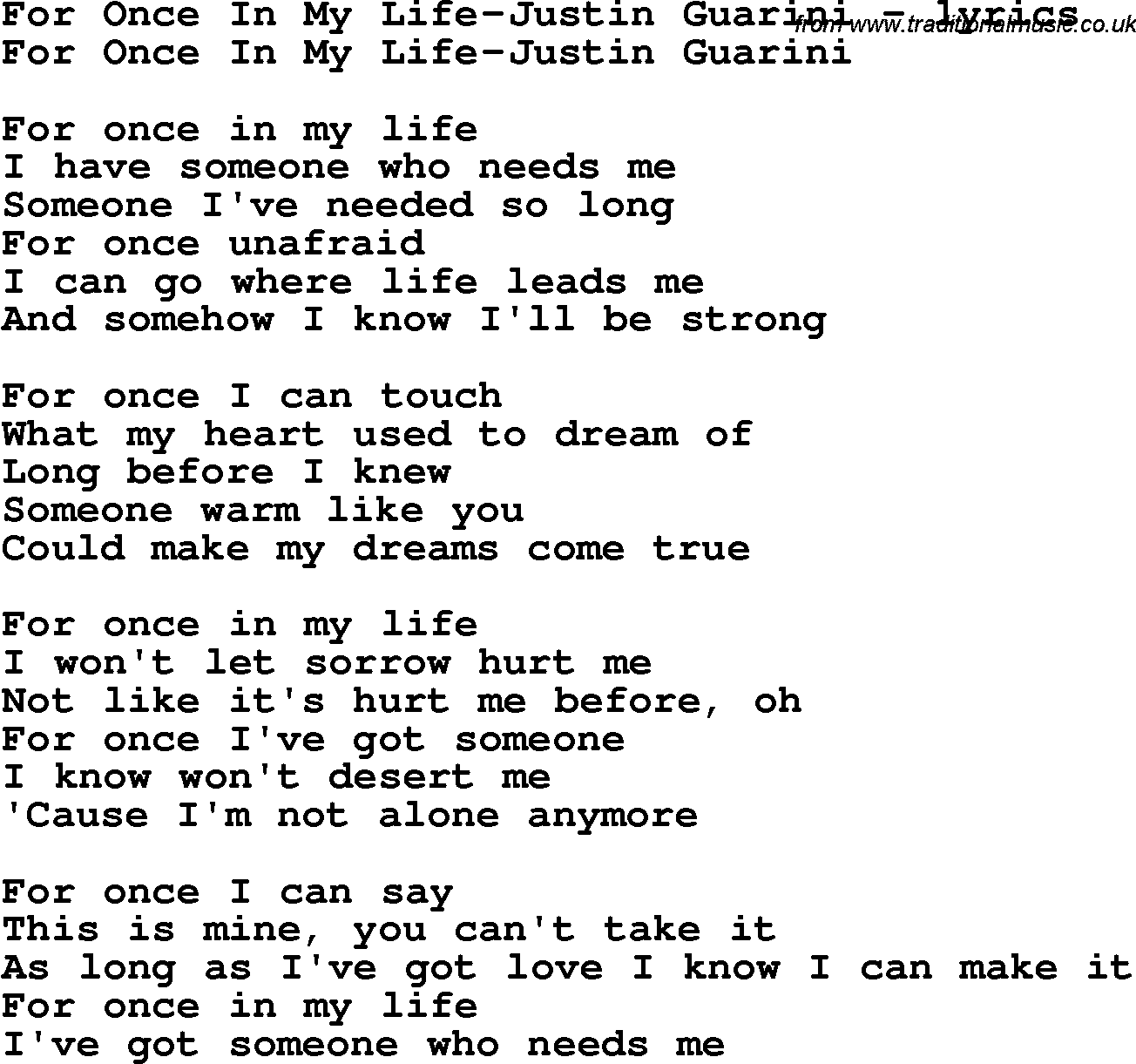 Love Song Lyrics for: For Once In My Life-Justin Guarini
