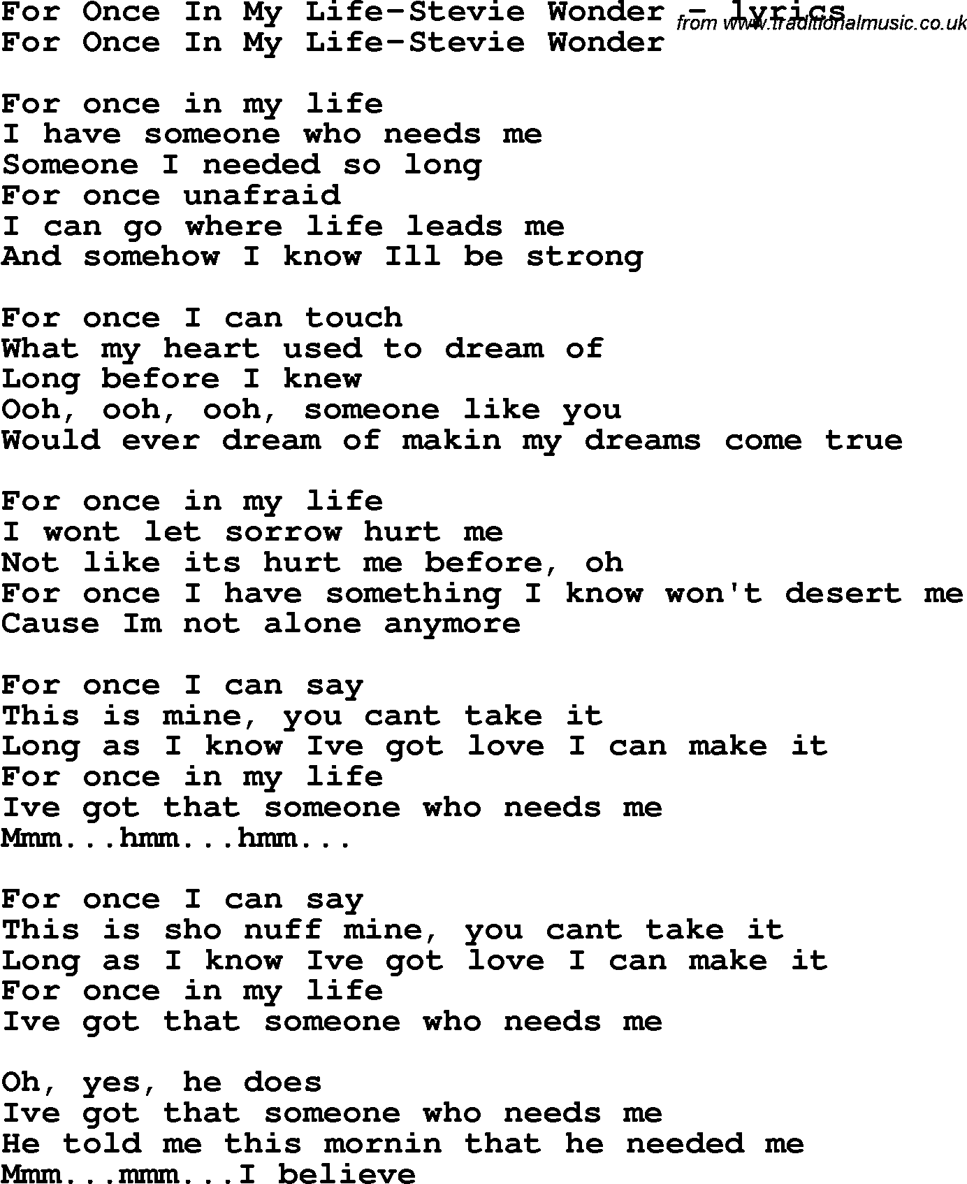 Love Song Lyrics for: For Once In My Life-Stevie Wonder