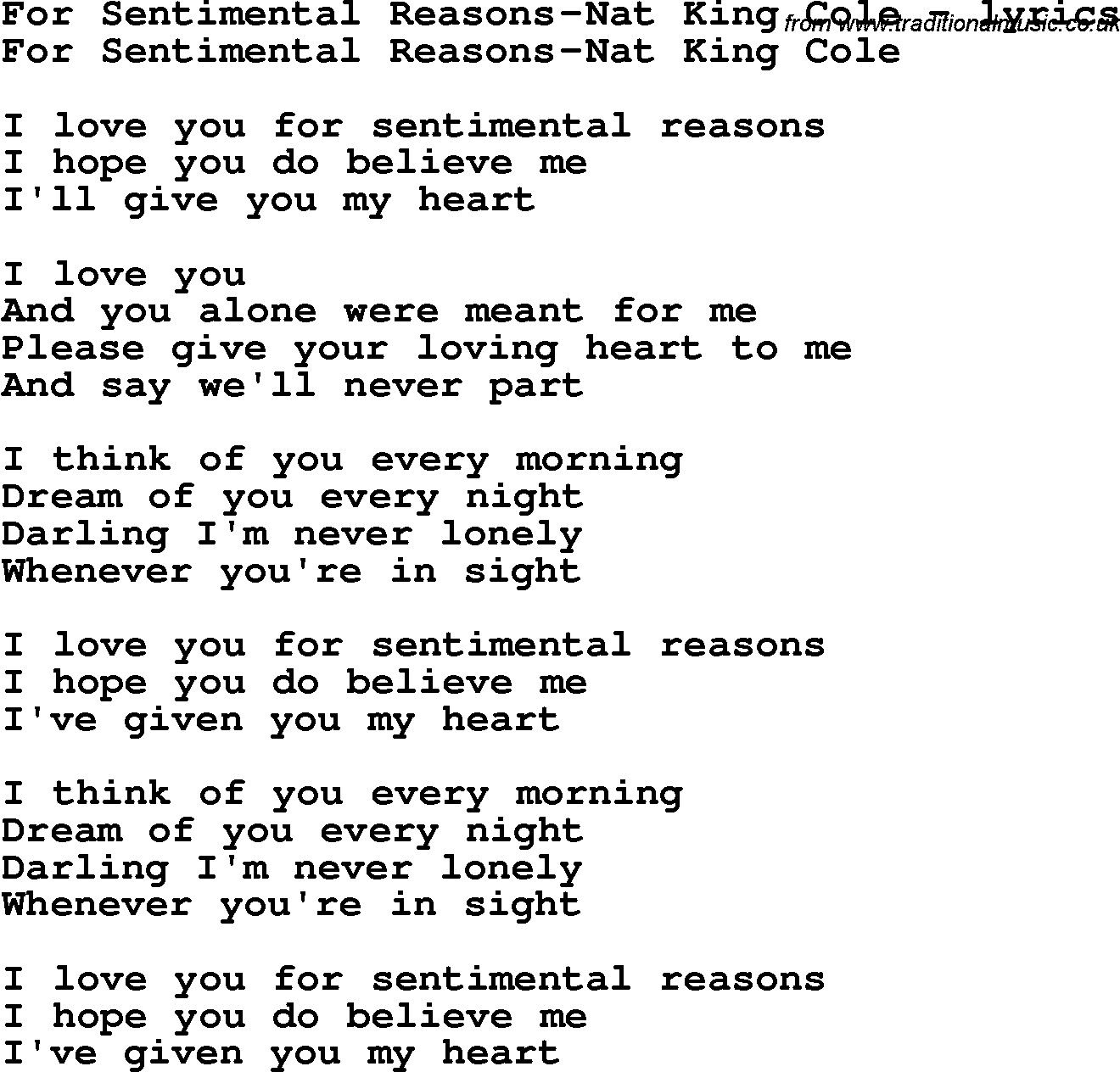 Love Song Lyrics for: For Sentimental Reasons-Nat King Cole
