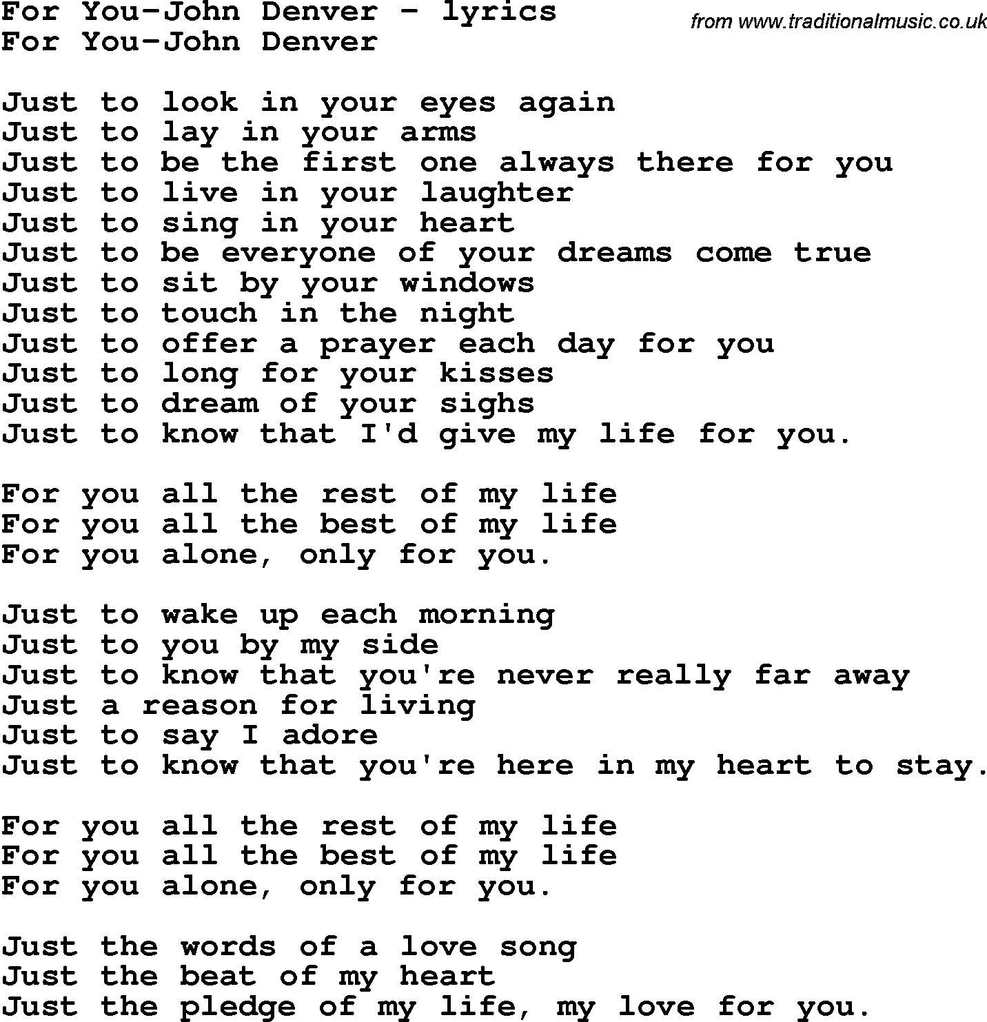 Love Song Lyrics for: For You-John Denver