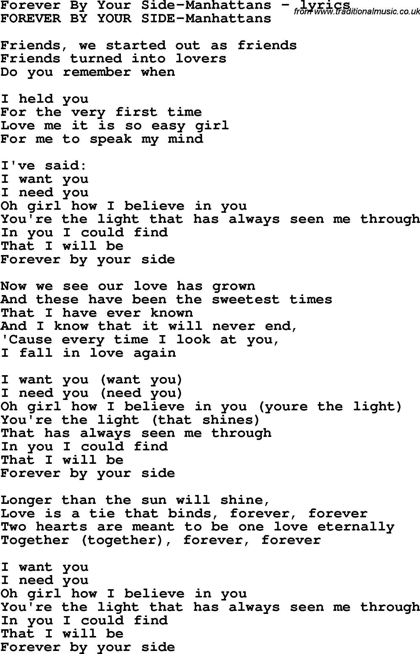 Love Song Lyrics for: Forever By Your Side-Manhattans