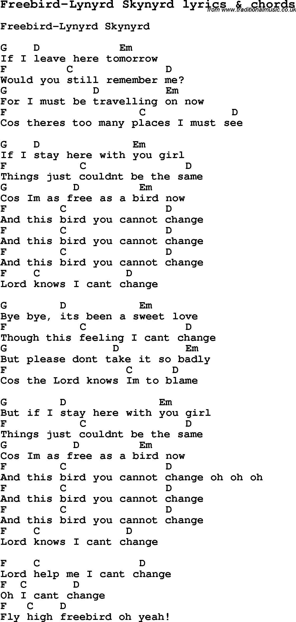 Love Song Lyrics for: Freebird-Lynyrd Skynyrd with chords for Ukulele, Guitar Banjo etc.
