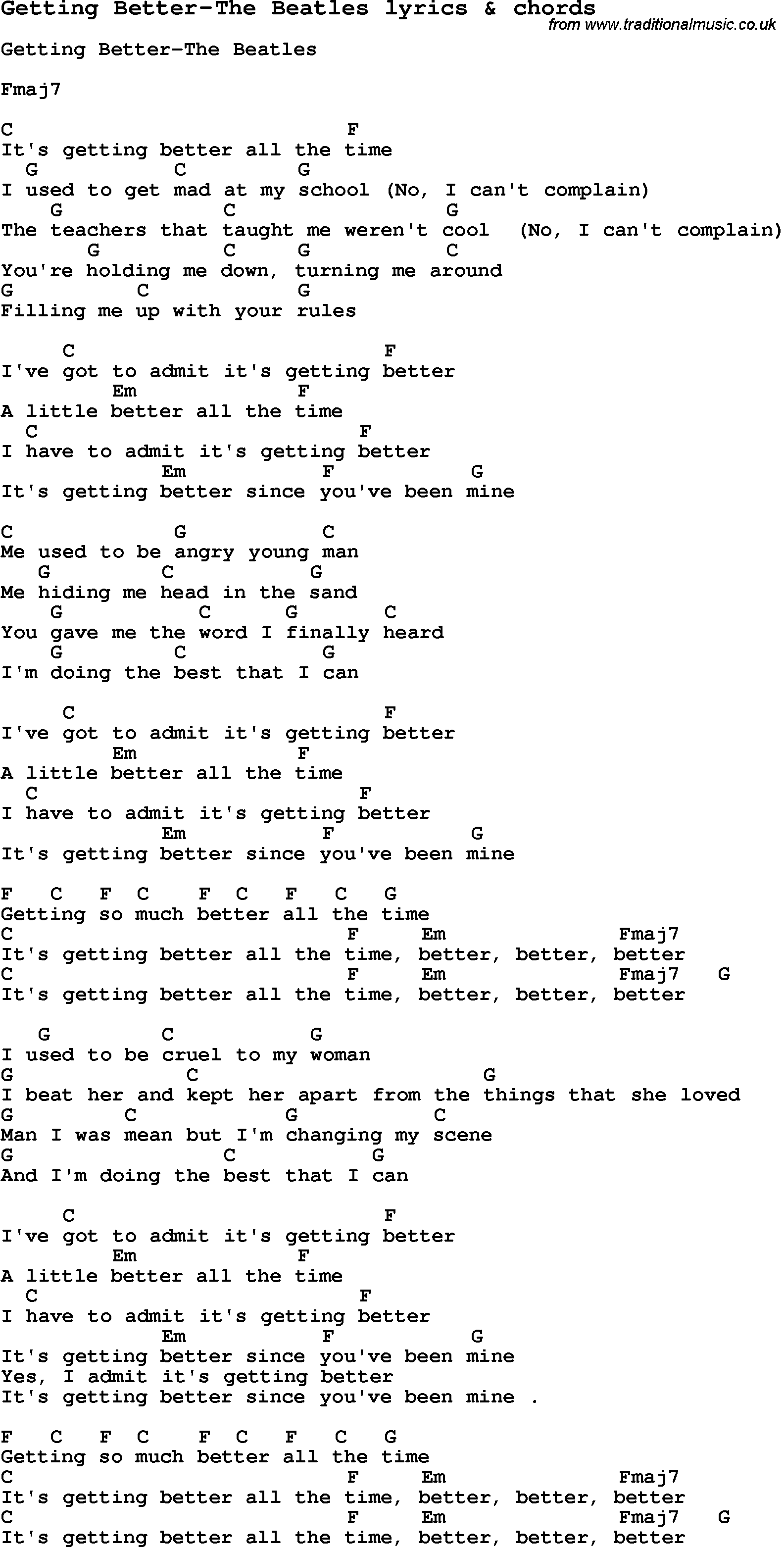 Love Song Lyrics for: Getting Better-The Beatles with chords for Ukulele, Guitar Banjo etc.