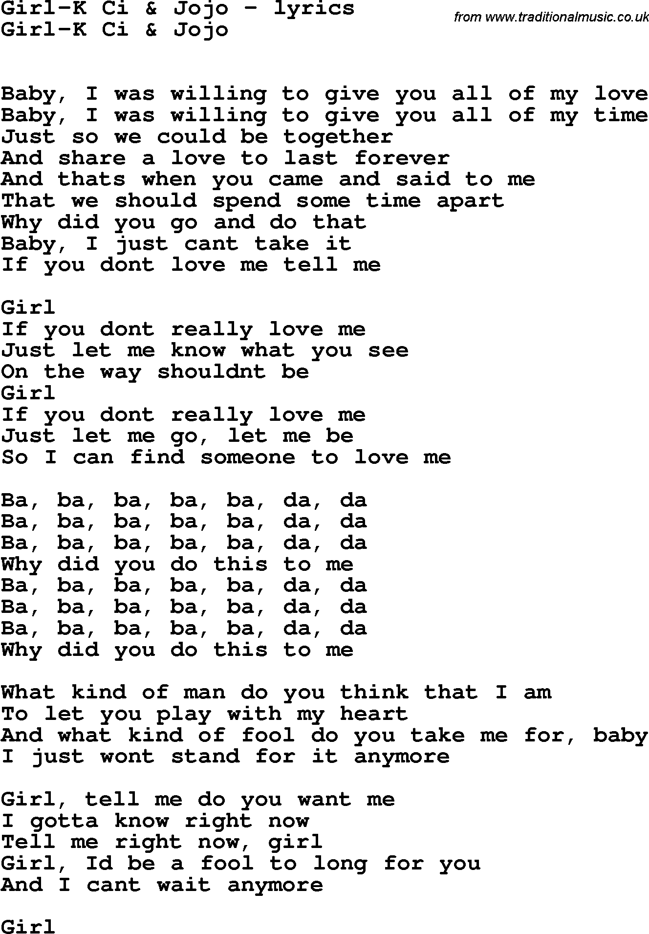 Love Song Lyrics for: Girl-K Ci & Jojo