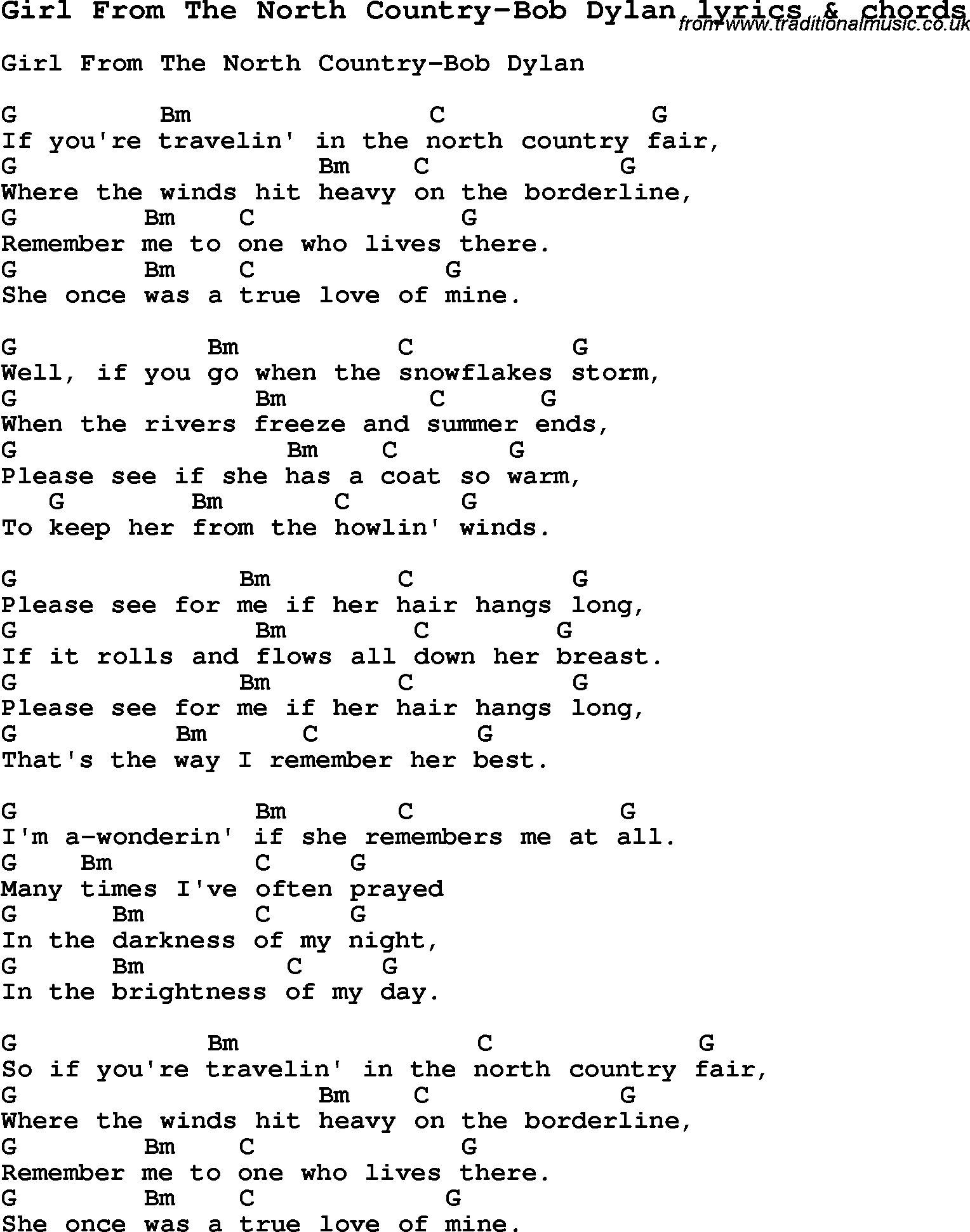 Love Song Lyrics for: Girl From The North Country-Bob Dylan with chords for Ukulele, Guitar Banjo etc.
