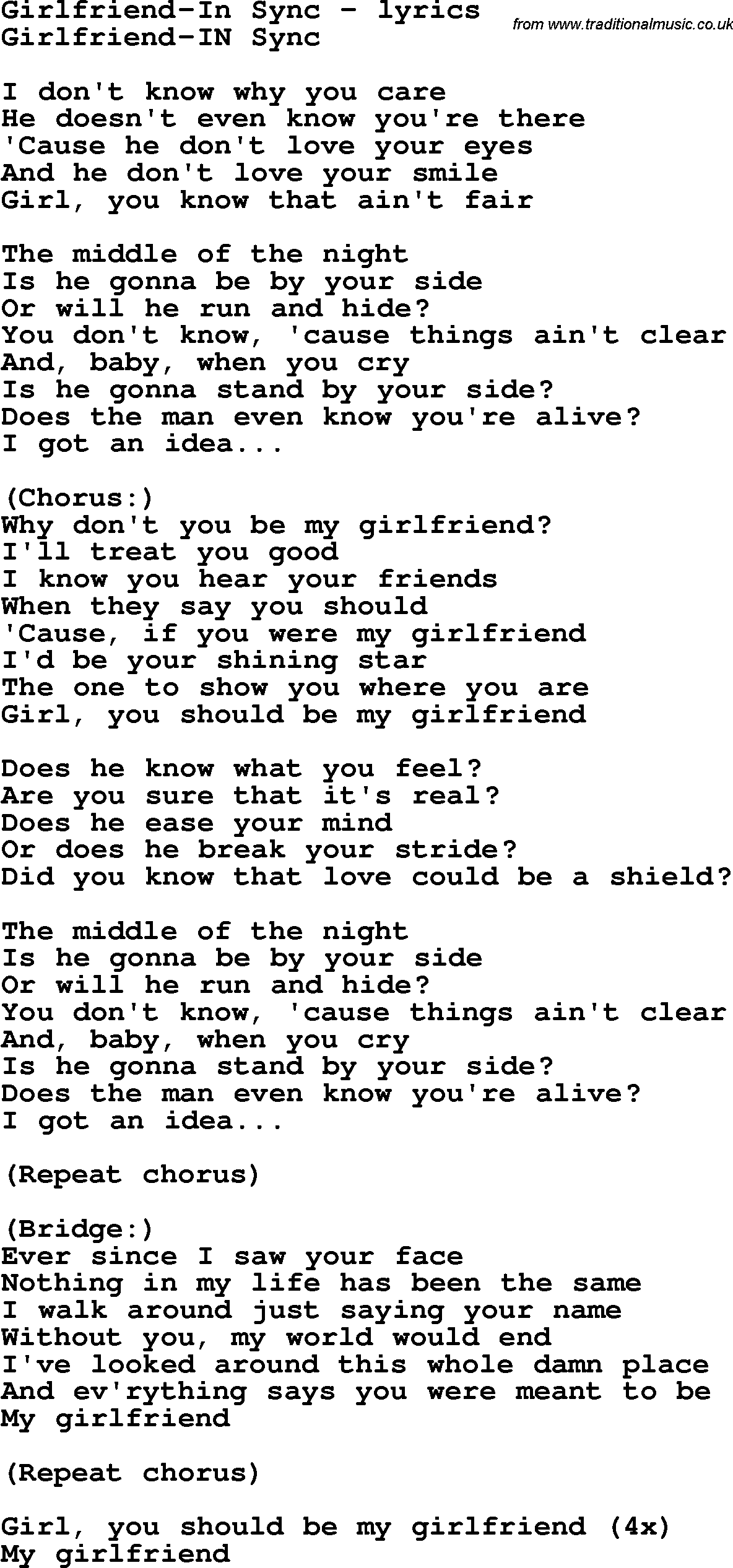 Love Song Lyrics for: Girlfriend-In Sync