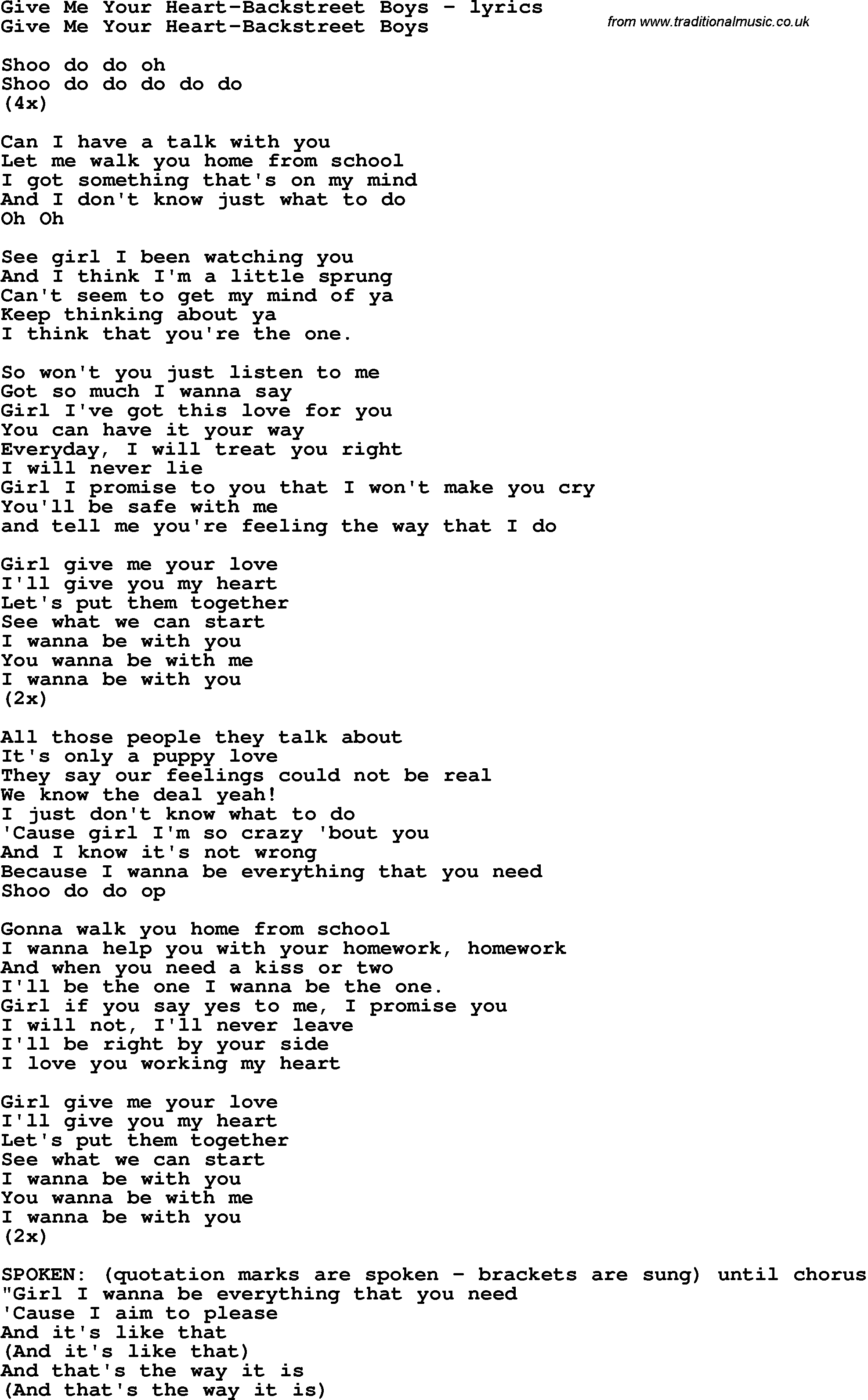 Love Song Lyrics for: Give Me Your Heart-Backstreet Boys