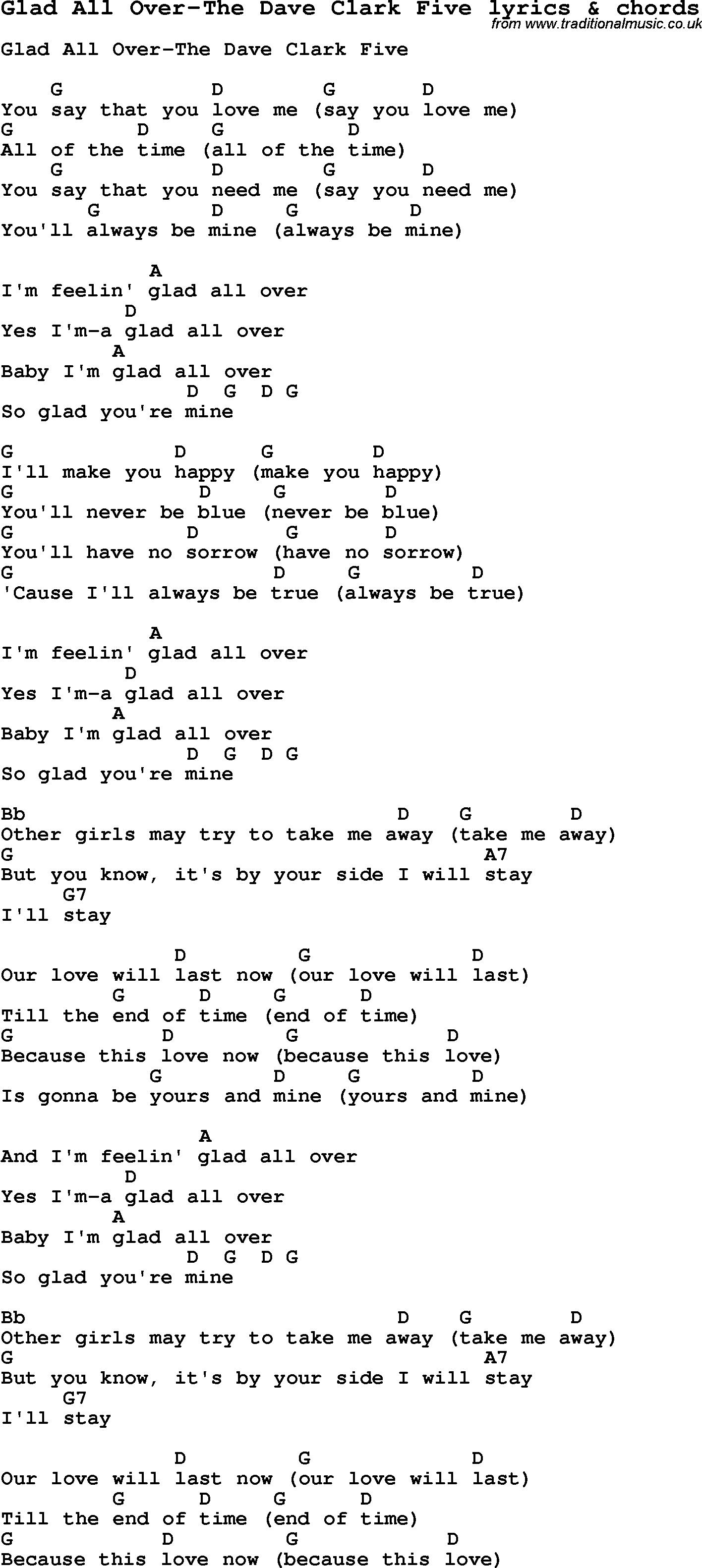 Love Song Lyrics for: Glad All Over-The Dave Clark Five with chords for Ukulele, Guitar Banjo etc.