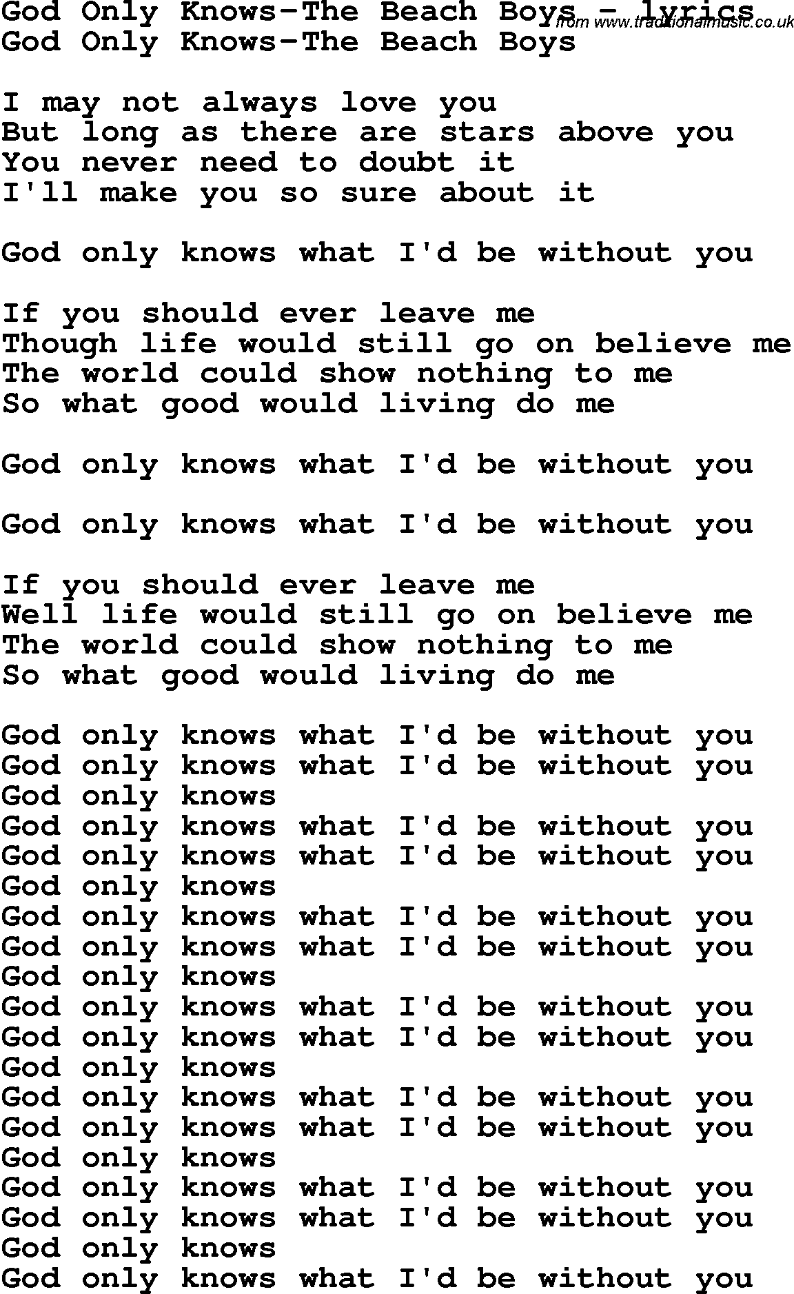 Love Song Lyrics for: God Only Knows-The Beach Boys