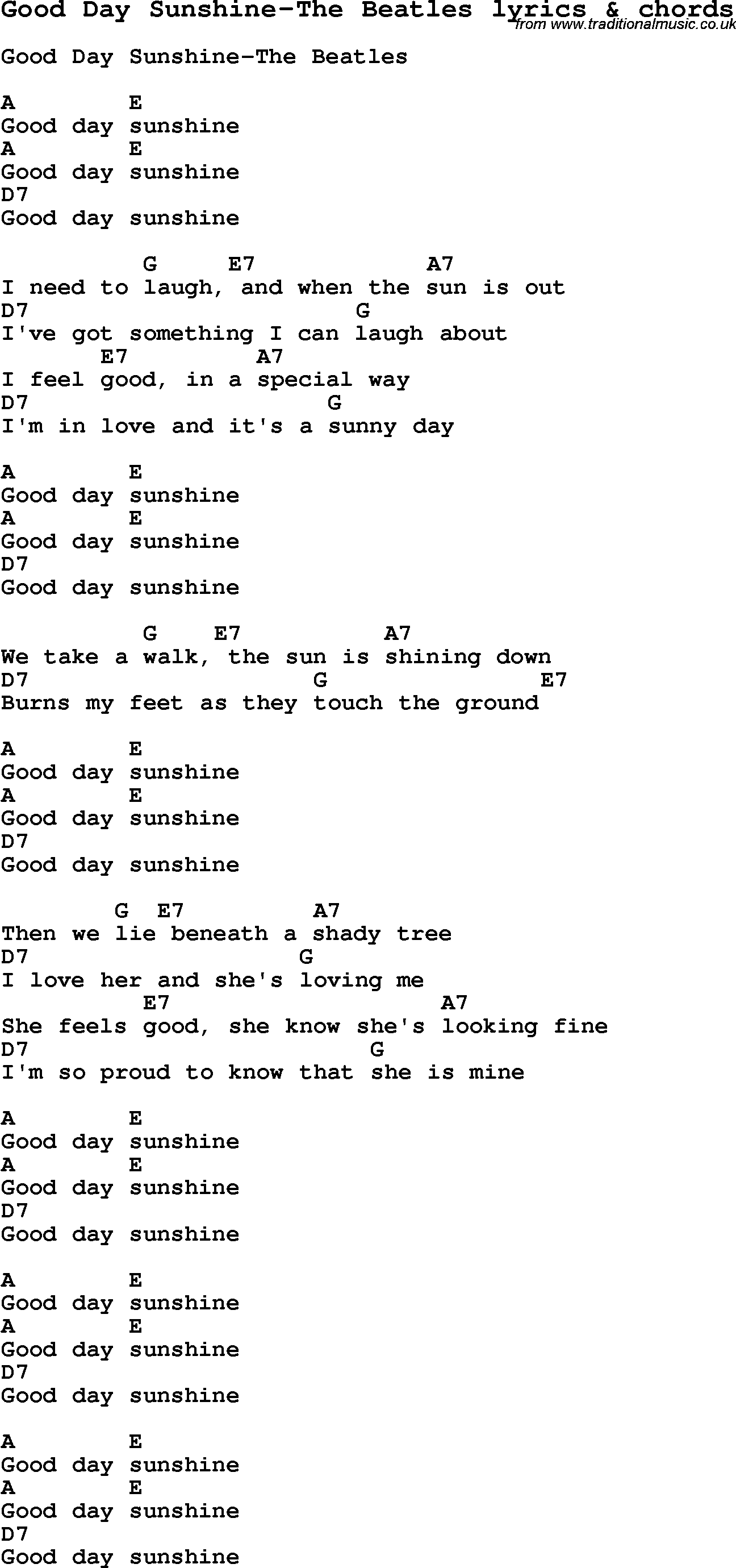 Love Song Lyrics for: Good Day Sunshine-The Beatles with chords for Ukulele, Guitar Banjo etc.