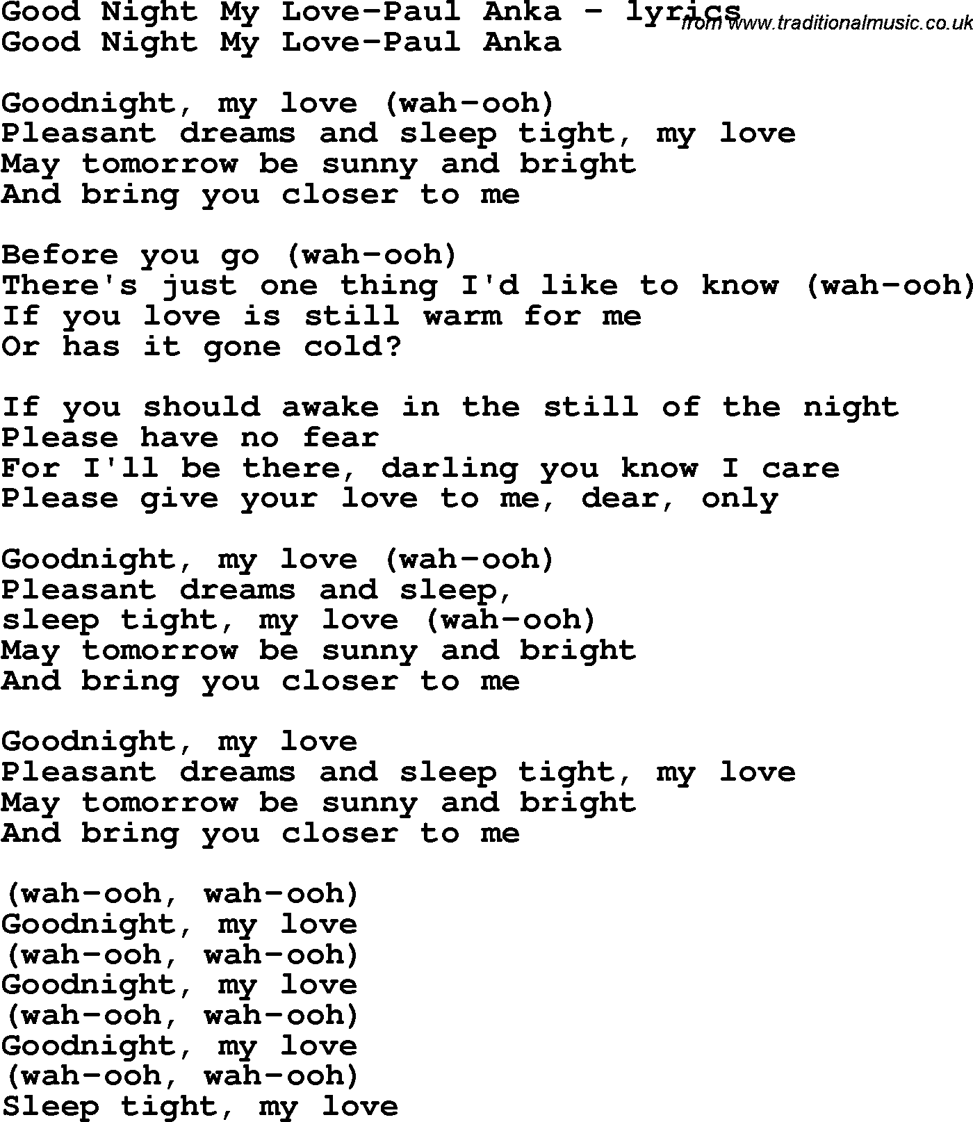Love Song Lyrics for: Good Night My Love-Paul Anka