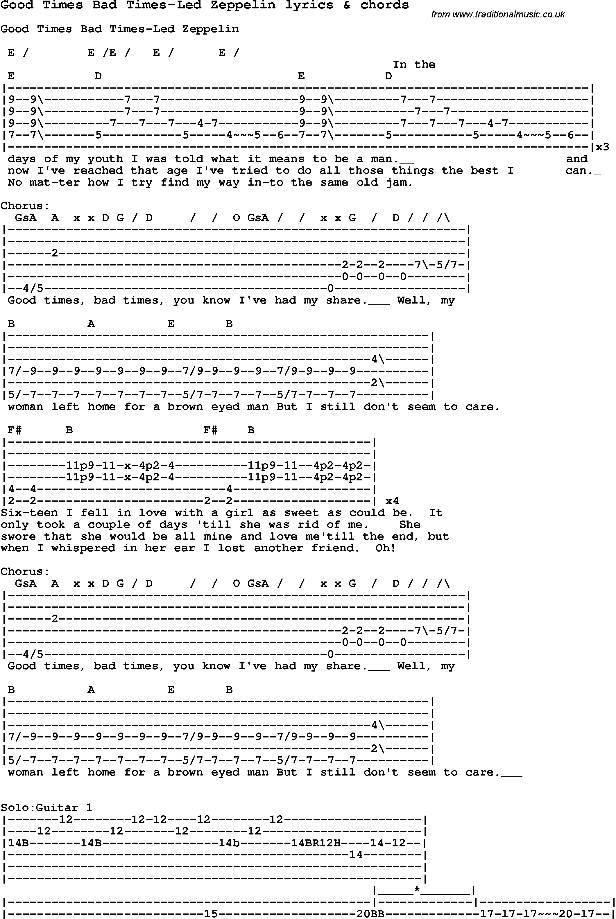 Love Song Lyrics for: Good Times Bad Times-Led Zeppelin with chords for Ukulele, Guitar Banjo etc.