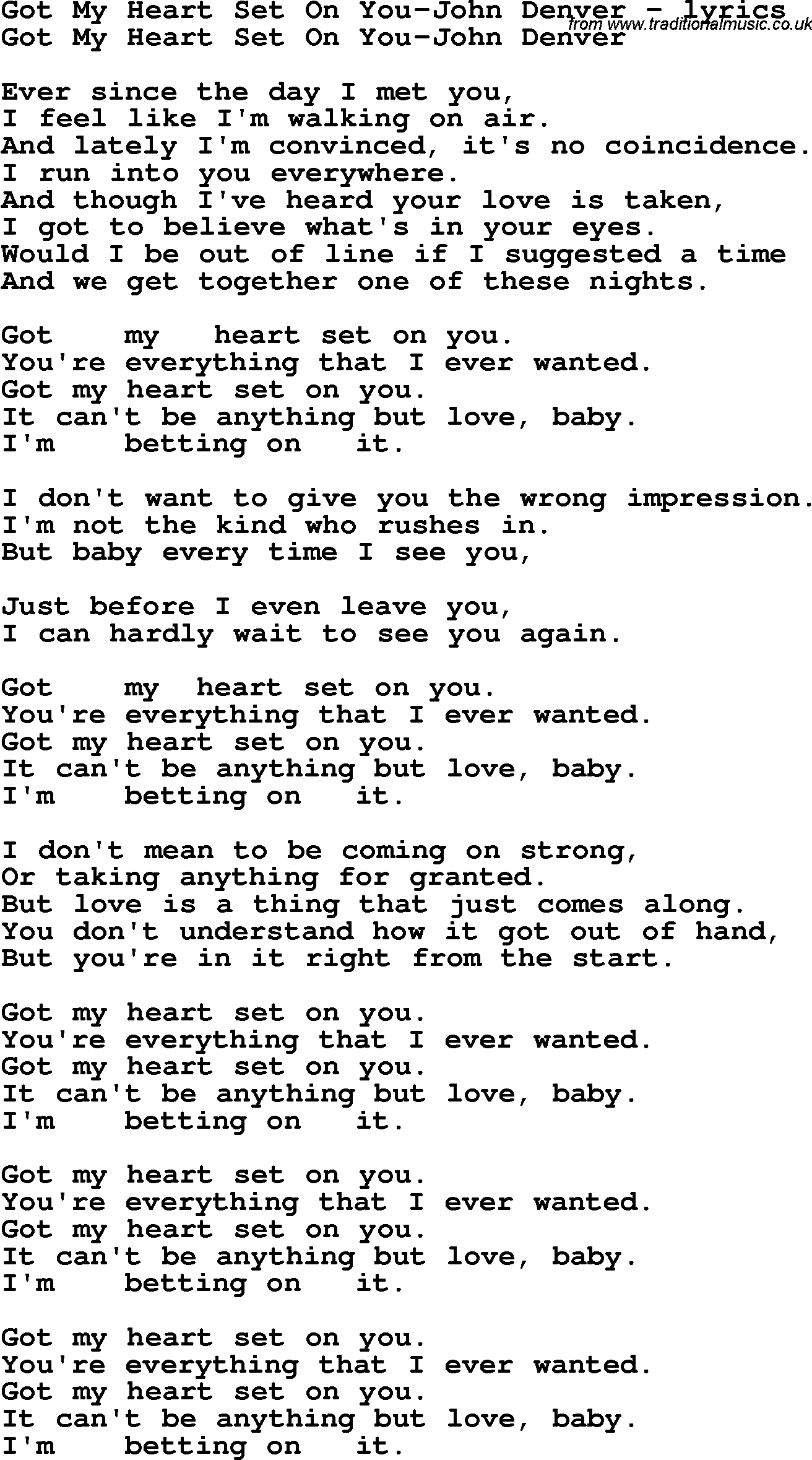 Love Song Lyrics for: Got My Heart Set On You-John Denver