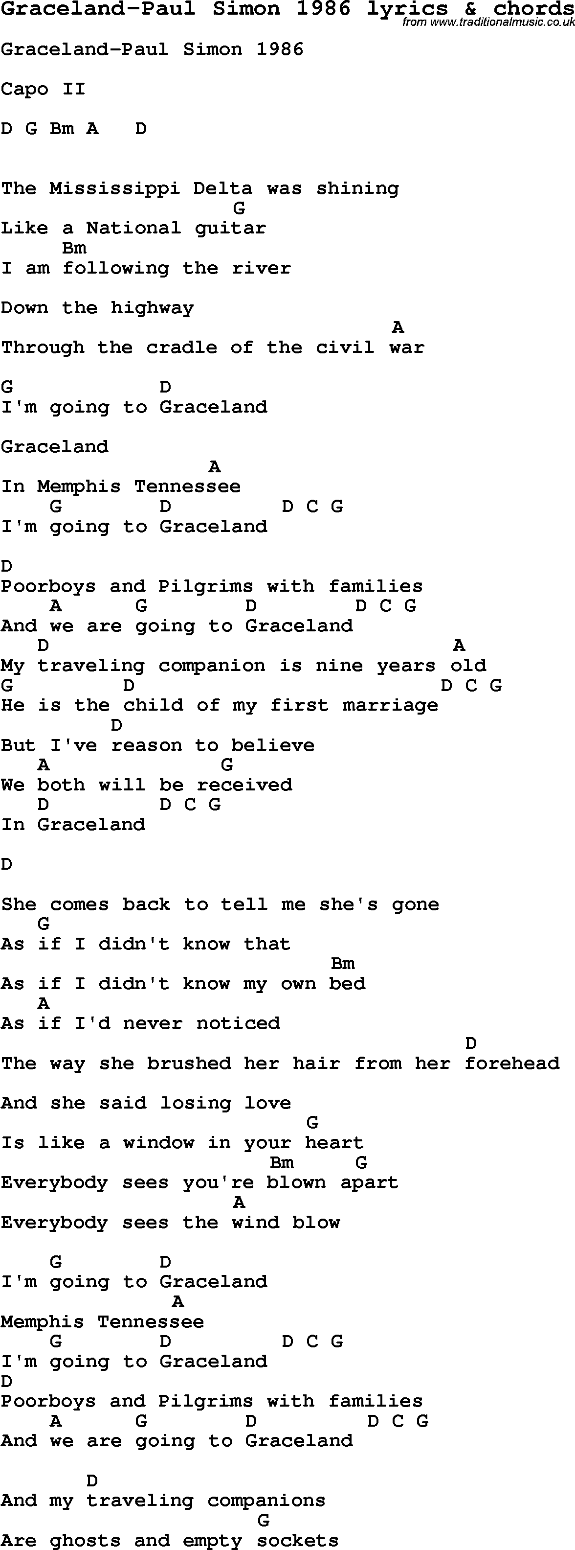 Love Song Lyrics for: Graceland-Paul Simon 1986 with chords for Ukulele, Guitar Banjo etc.