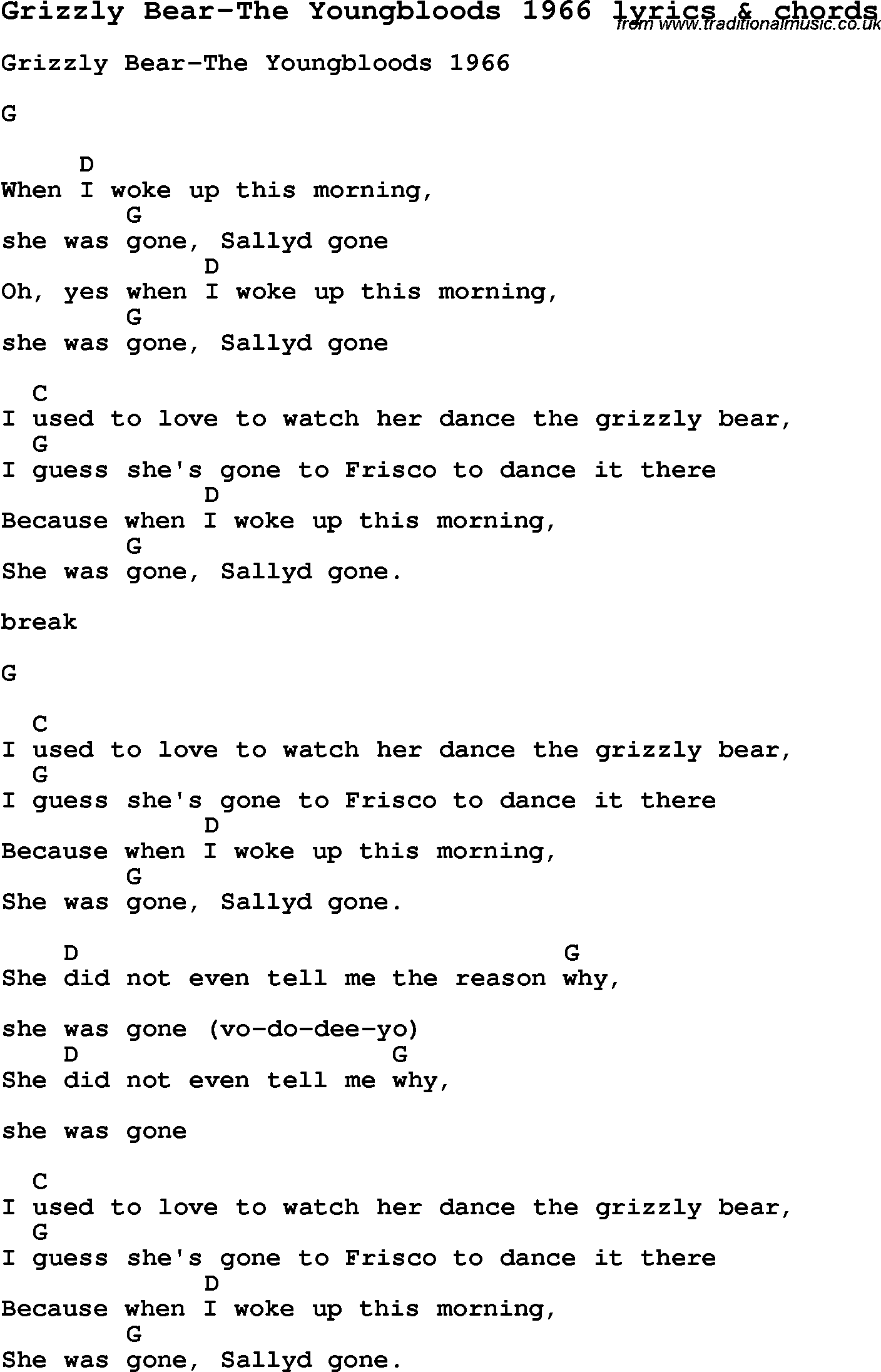 Love Song Lyrics for: Grizzly Bear-The Youngbloods 1966 with chords for Ukulele, Guitar Banjo etc.