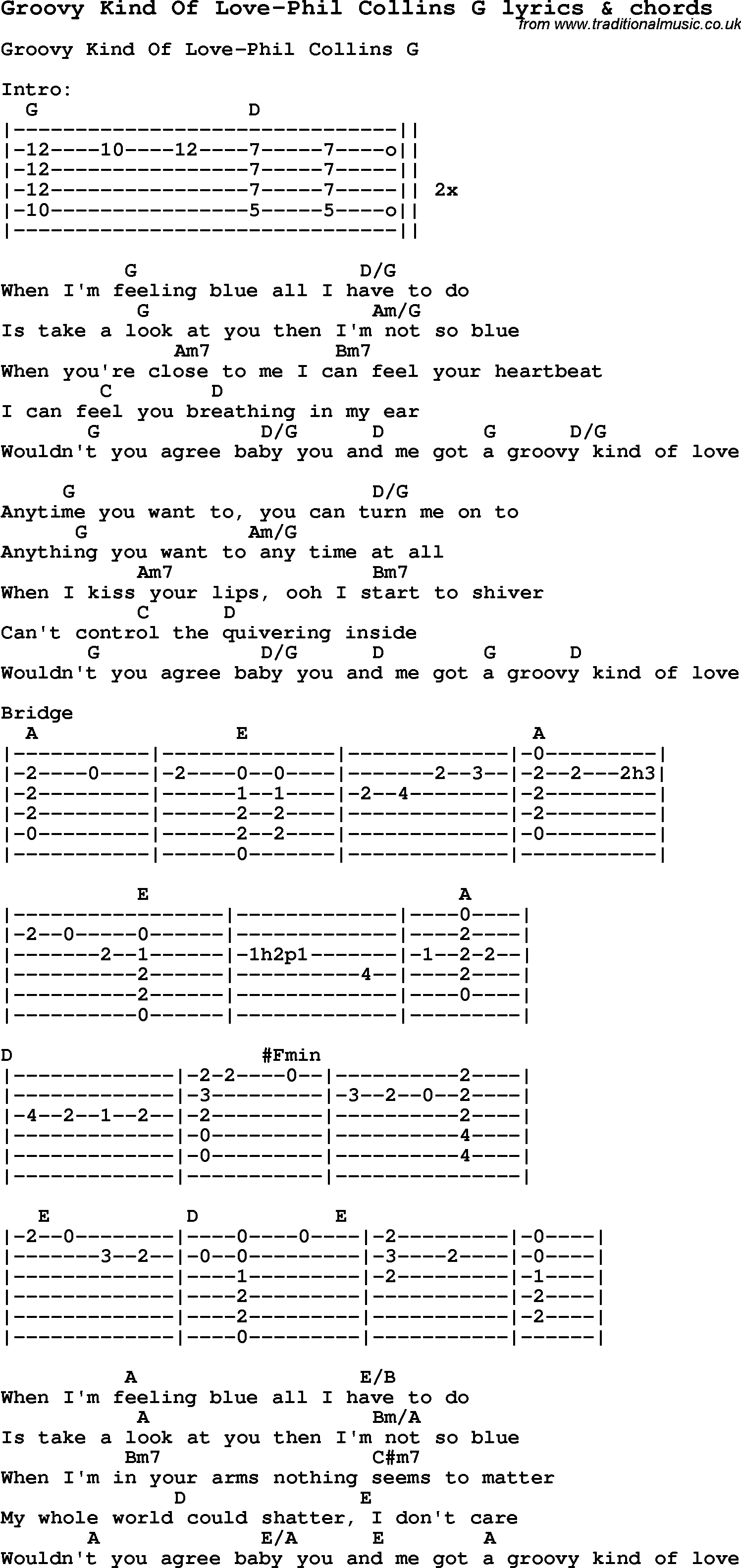 Love Song Lyrics for: Groovy Kind Of Love-Phil Collins G with chords for Ukulele, Guitar Banjo etc.