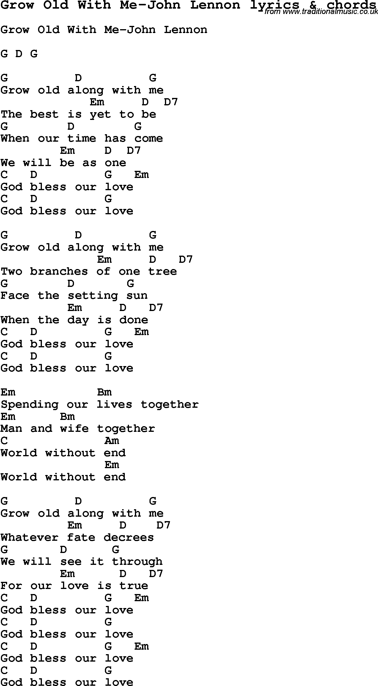 Love Song Lyrics for: Grow Old With Me-John Lennon with chords for Ukulele, Guitar Banjo etc.