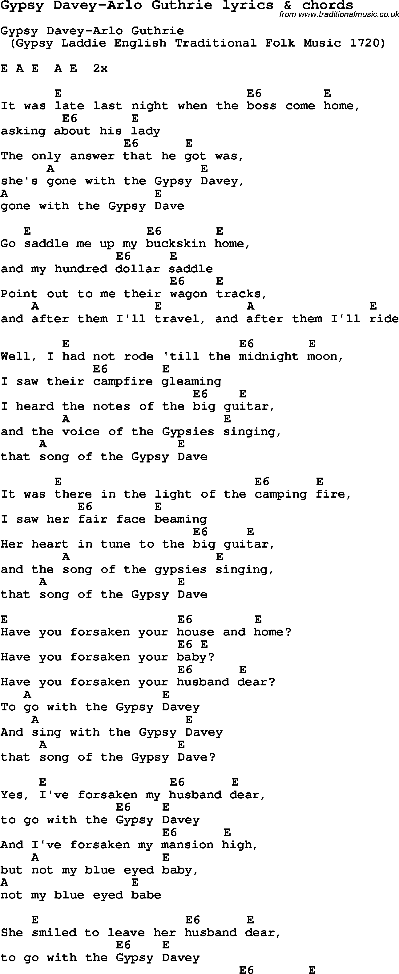 Love Song Lyrics for: Gypsy Davey-Arlo Guthrie with chords for Ukulele, Guitar Banjo etc.