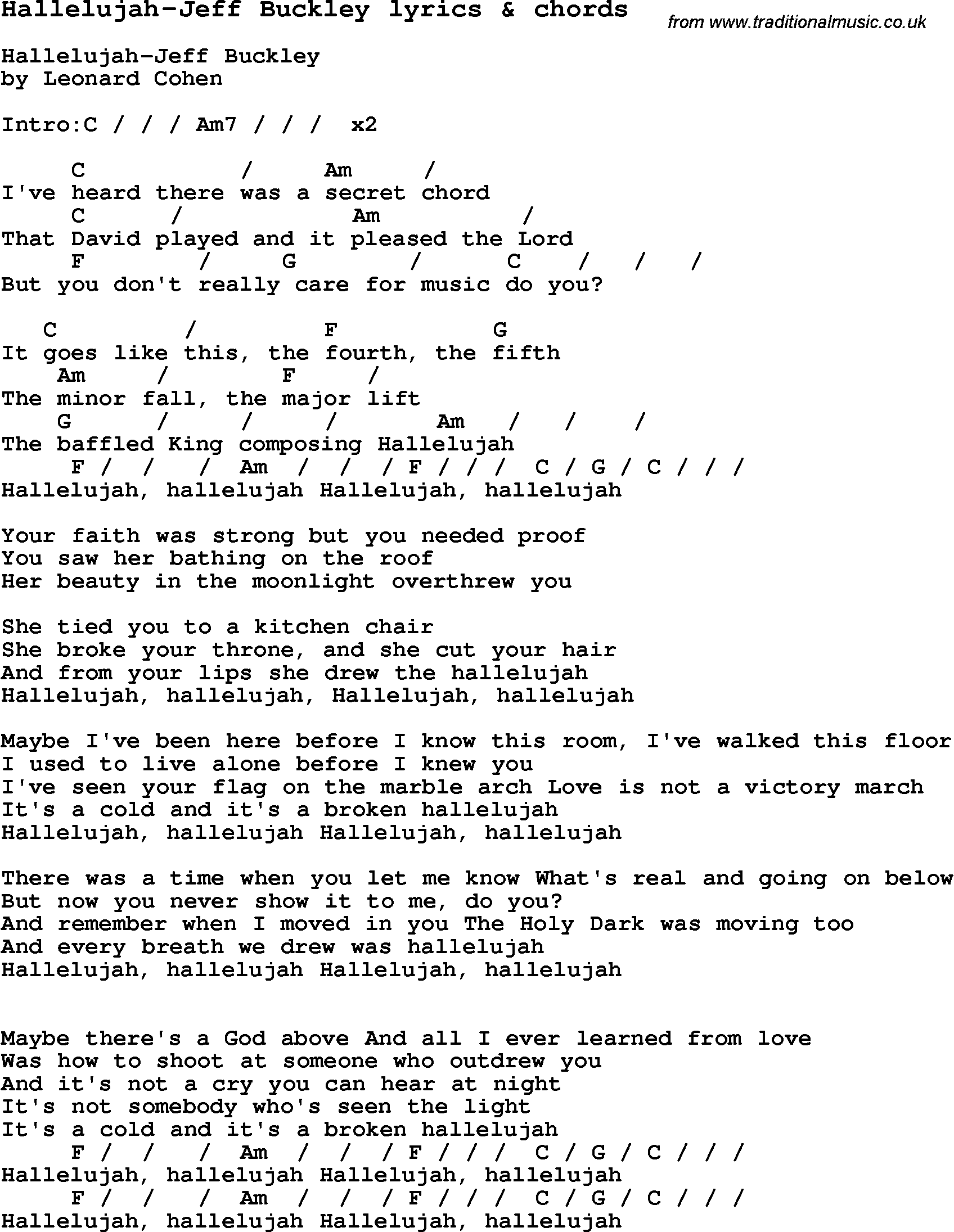 Love Song Lyrics for: Hallelujah-Jeff Buckley with chords for Ukulele, Guitar Banjo etc.