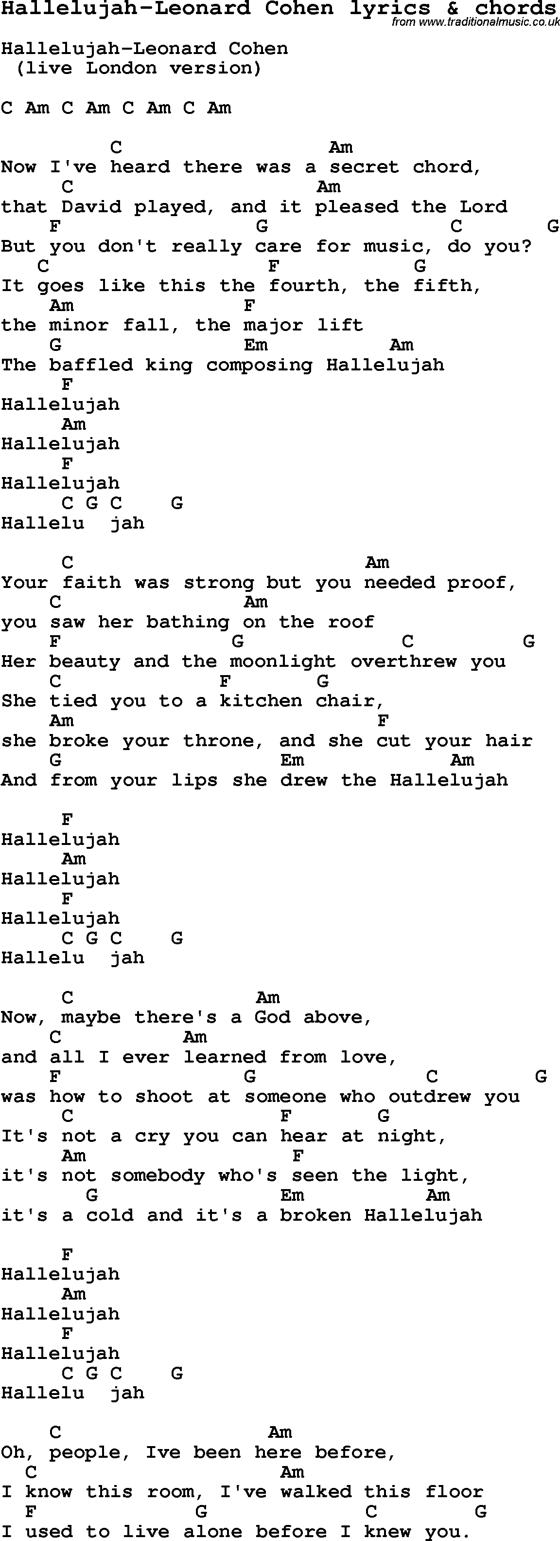 Love Song Lyrics for: Hallelujah-Leonard Cohen with chords for Ukulele, Guitar Banjo etc.