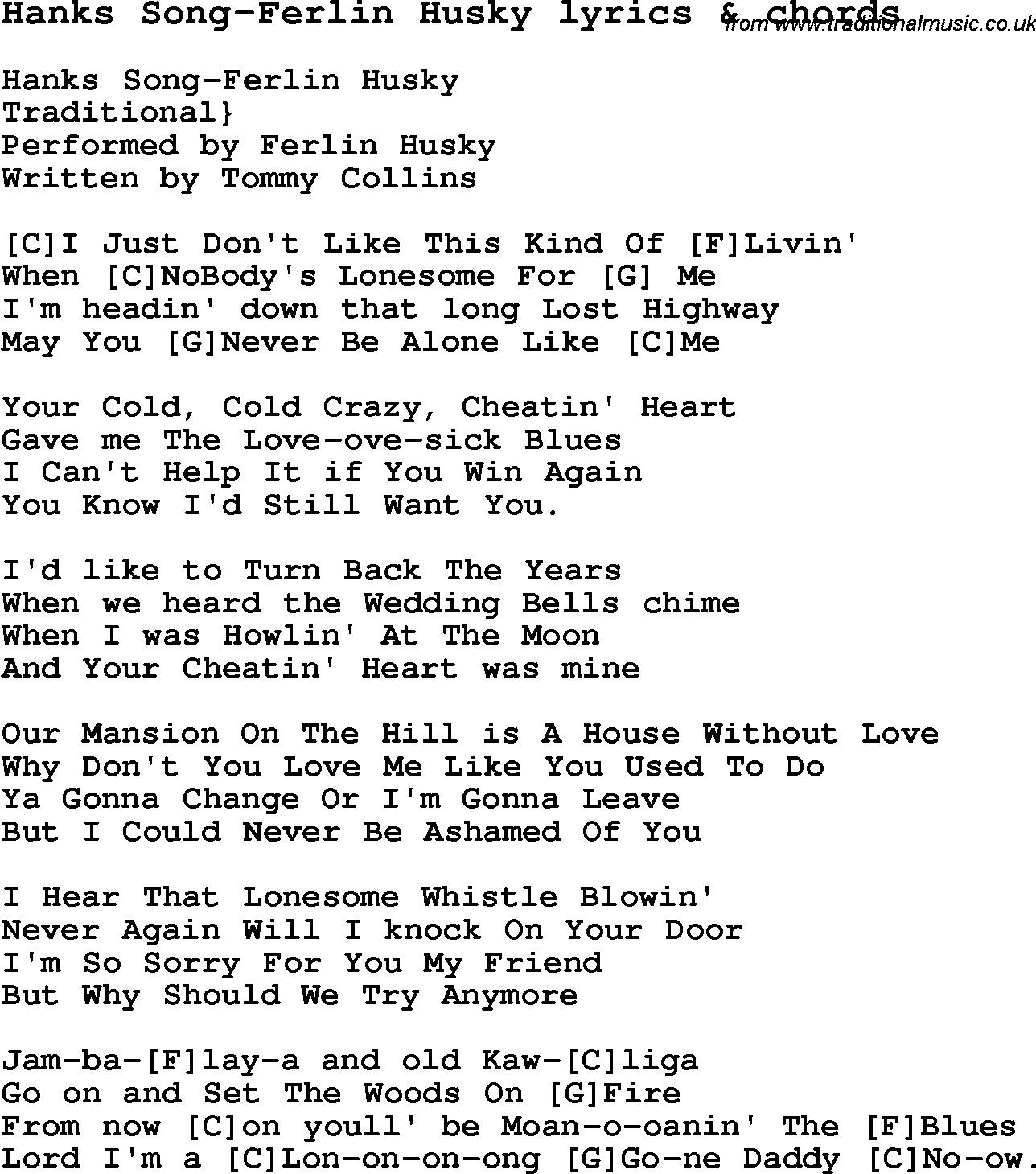 Love Song Lyrics for: Hanks Song-Ferlin Husky with chords for Ukulele, Guitar Banjo etc.