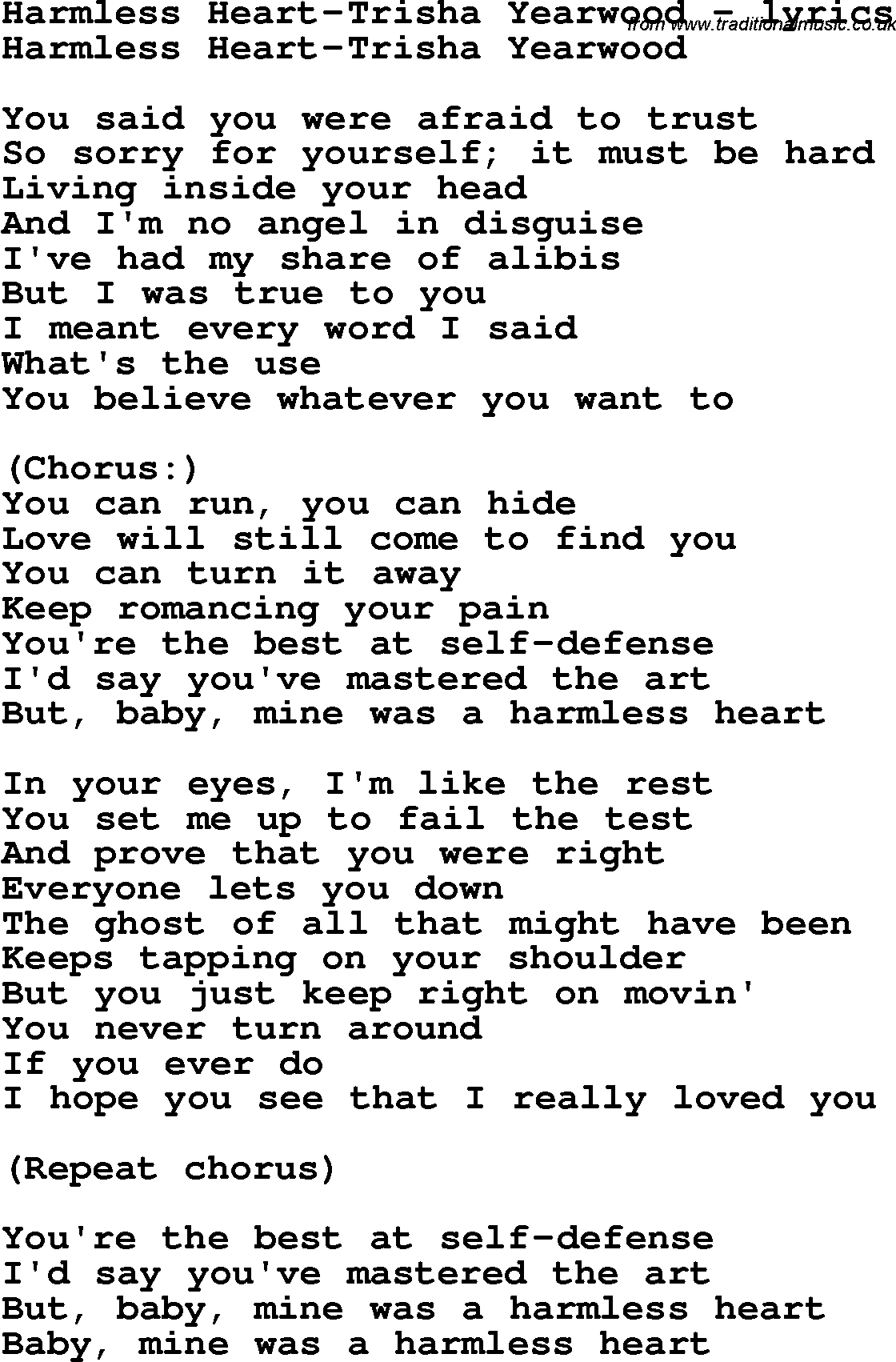 Love Song Lyrics for: Harmless Heart-Trisha Yearwood