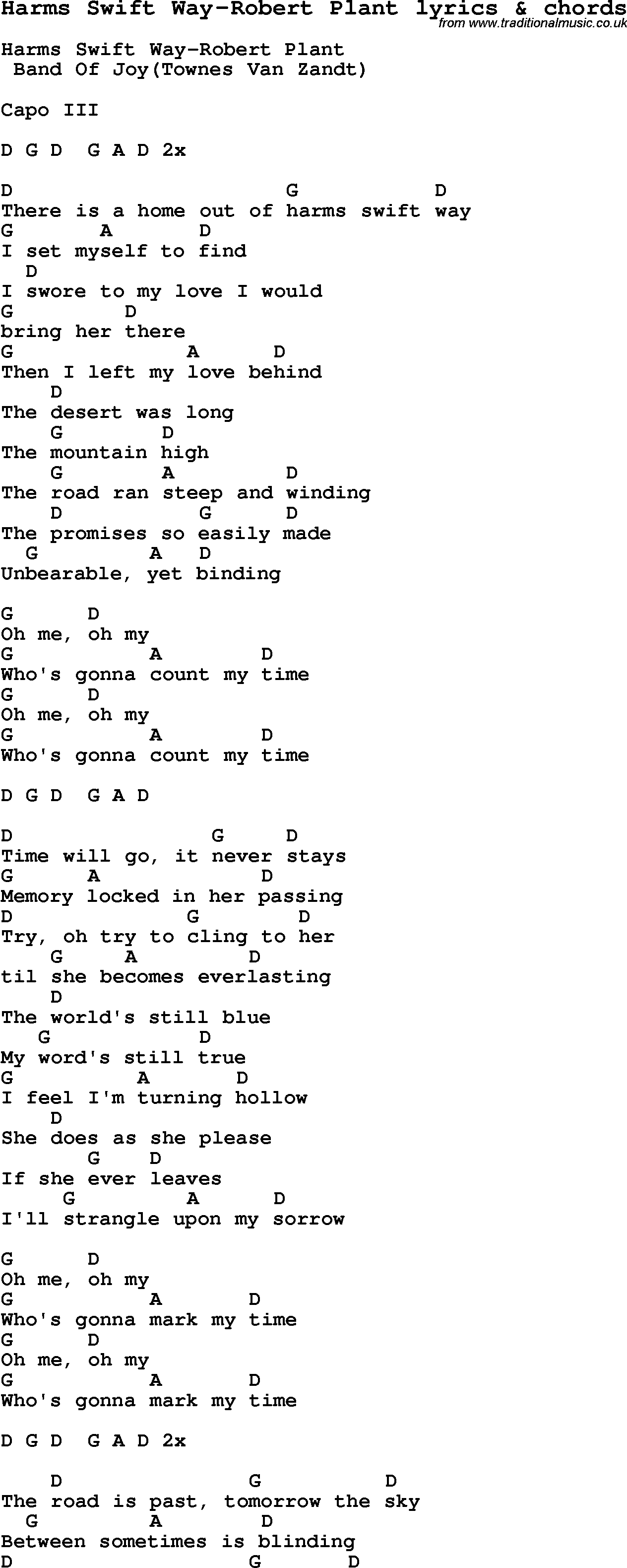 Love Song Lyrics for: Harms Swift Way-Robert Plant with chords for Ukulele, Guitar Banjo etc.
