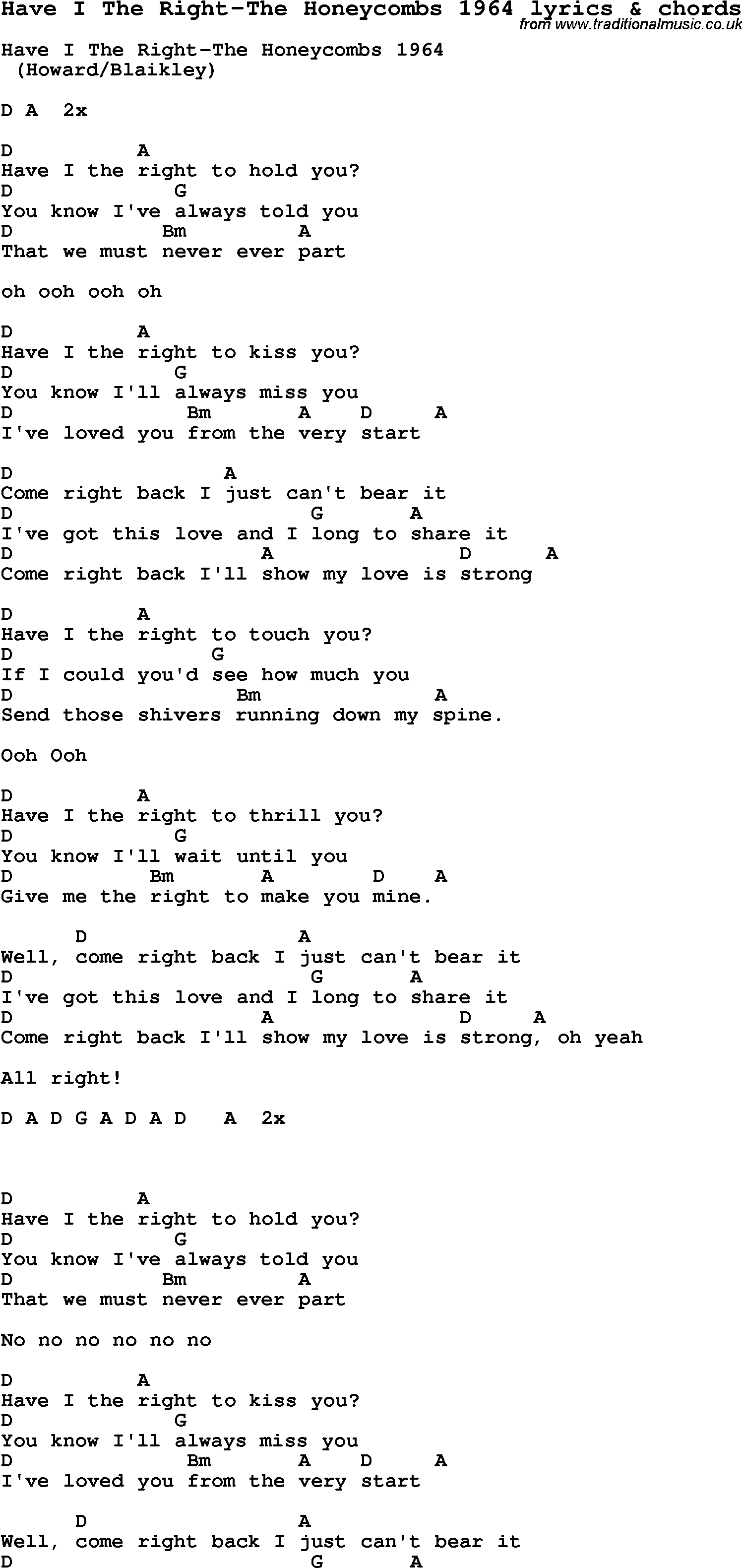 Love Song Lyrics for: Have I The Right-The Honeycombs 1964 with chords for Ukulele, Guitar Banjo etc.