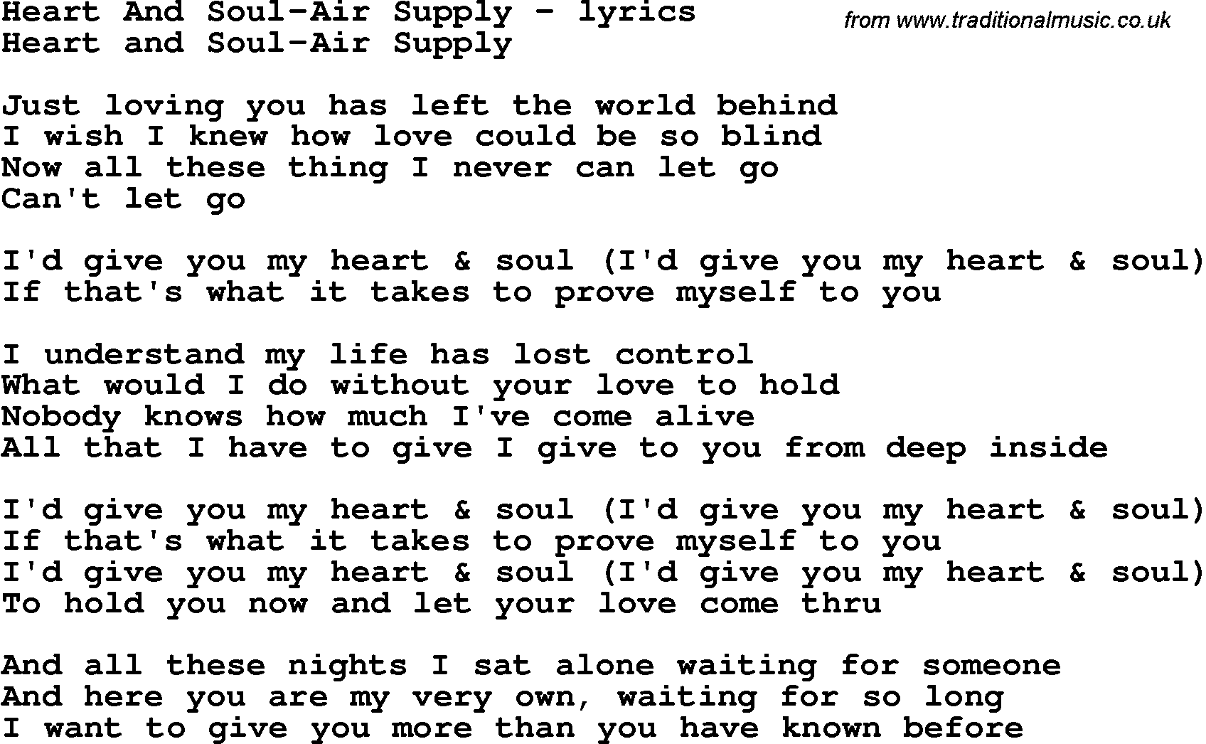Love Song Lyrics for: Heart And Soul-Air Supply