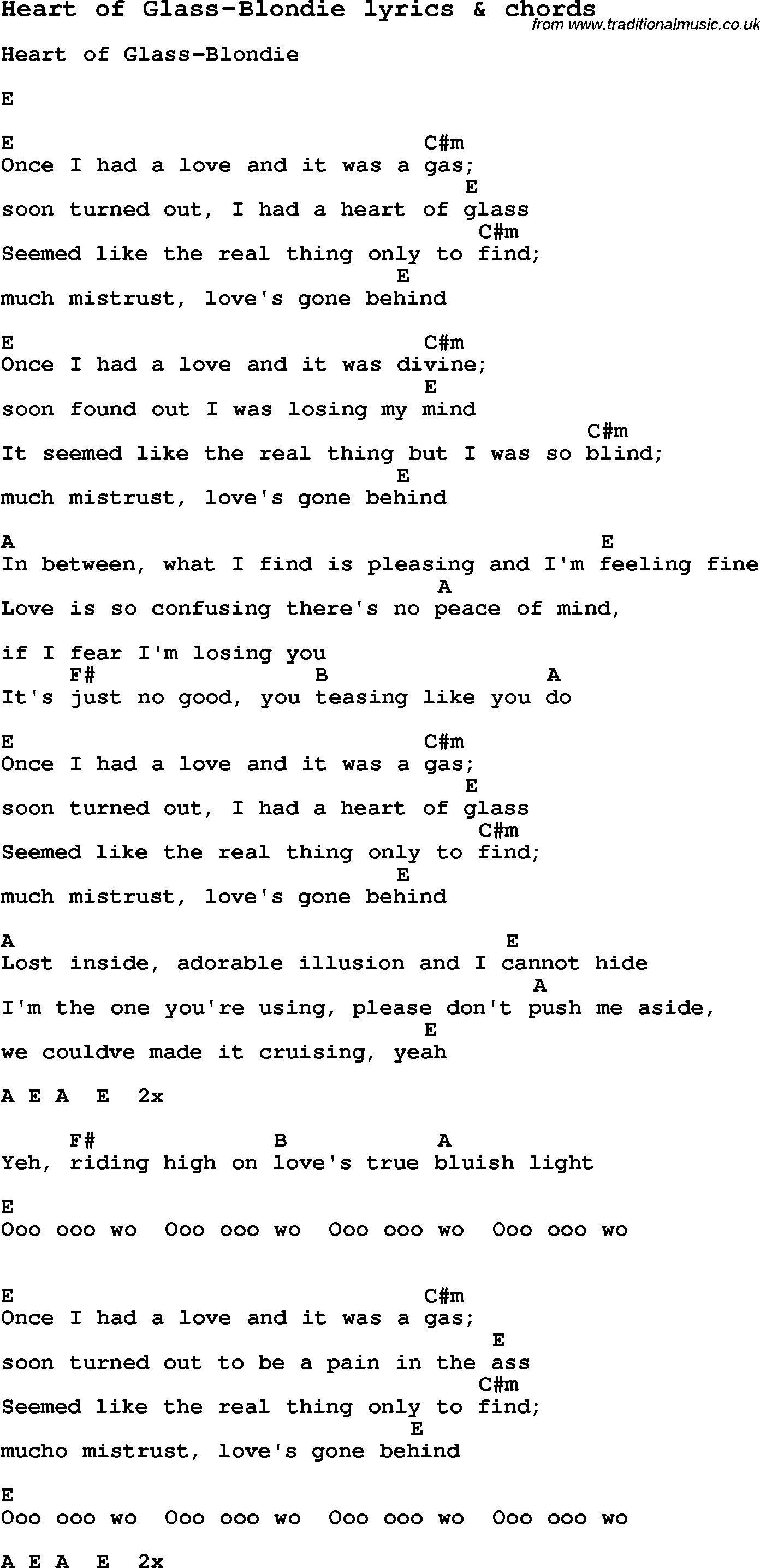 Love Song Lyrics for: Heart of Glass-Blondie with chords for Ukulele, Guitar Banjo etc.