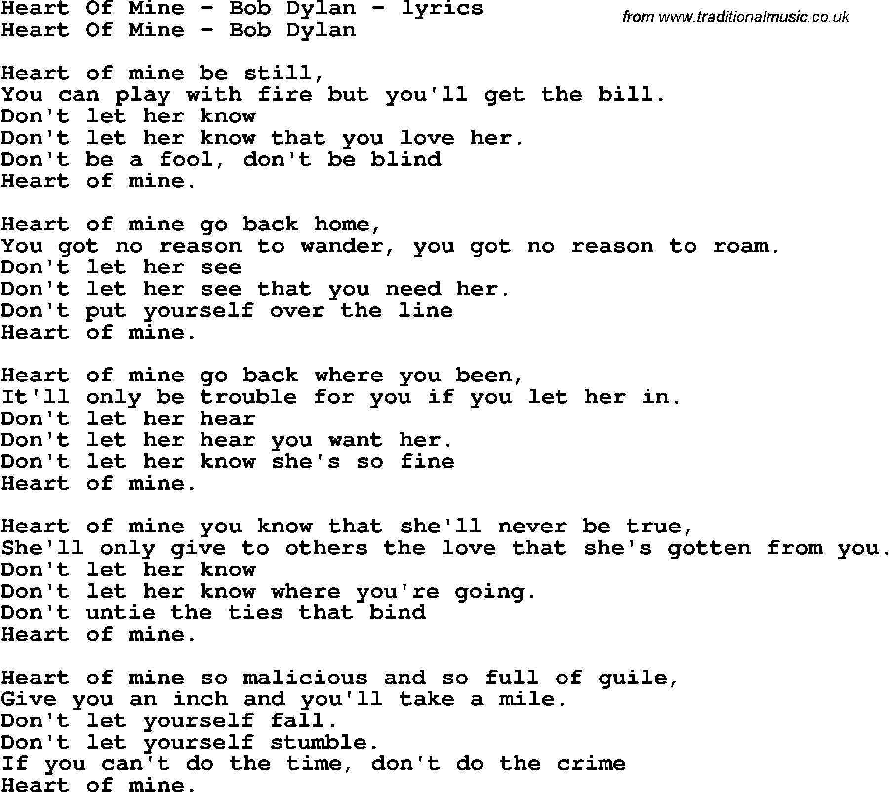 Love Song Lyrics for: Heart Of Mine - Bob Dylan