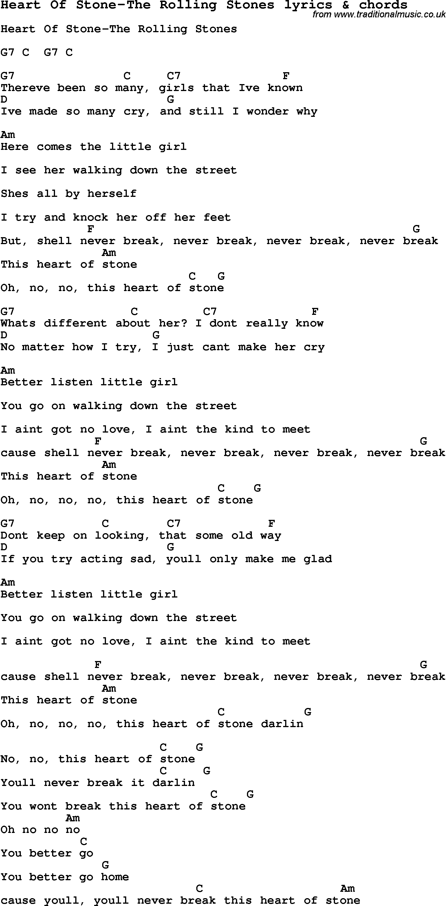 Love Song Lyrics for: Heart Of Stone-The Rolling Stones with chords for Ukulele, Guitar Banjo etc.
