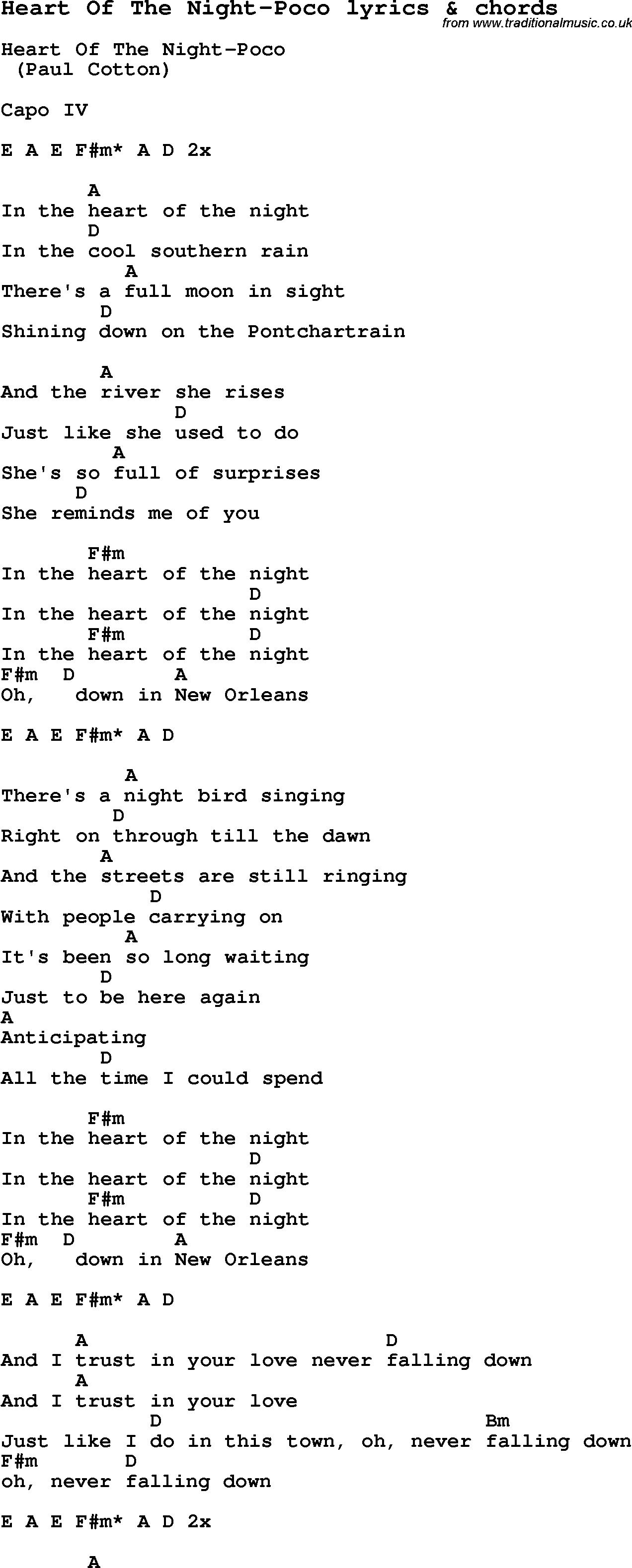 Love Song Lyrics for: Heart Of The Night-Poco with chords for Ukulele, Guitar Banjo etc.