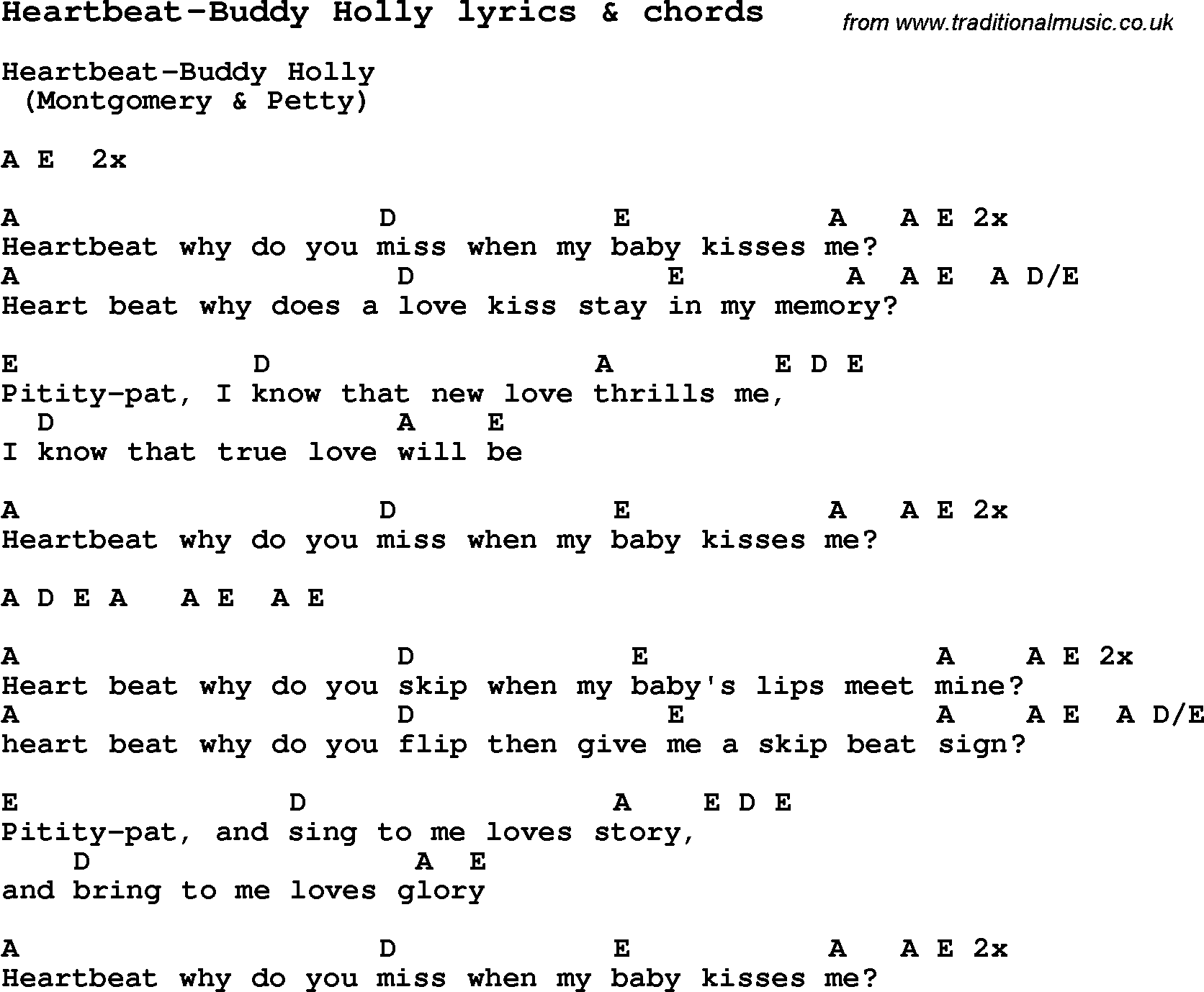 Love Song Lyrics for: Heartbeat-Buddy Holly with chords for Ukulele, Guitar Banjo etc.