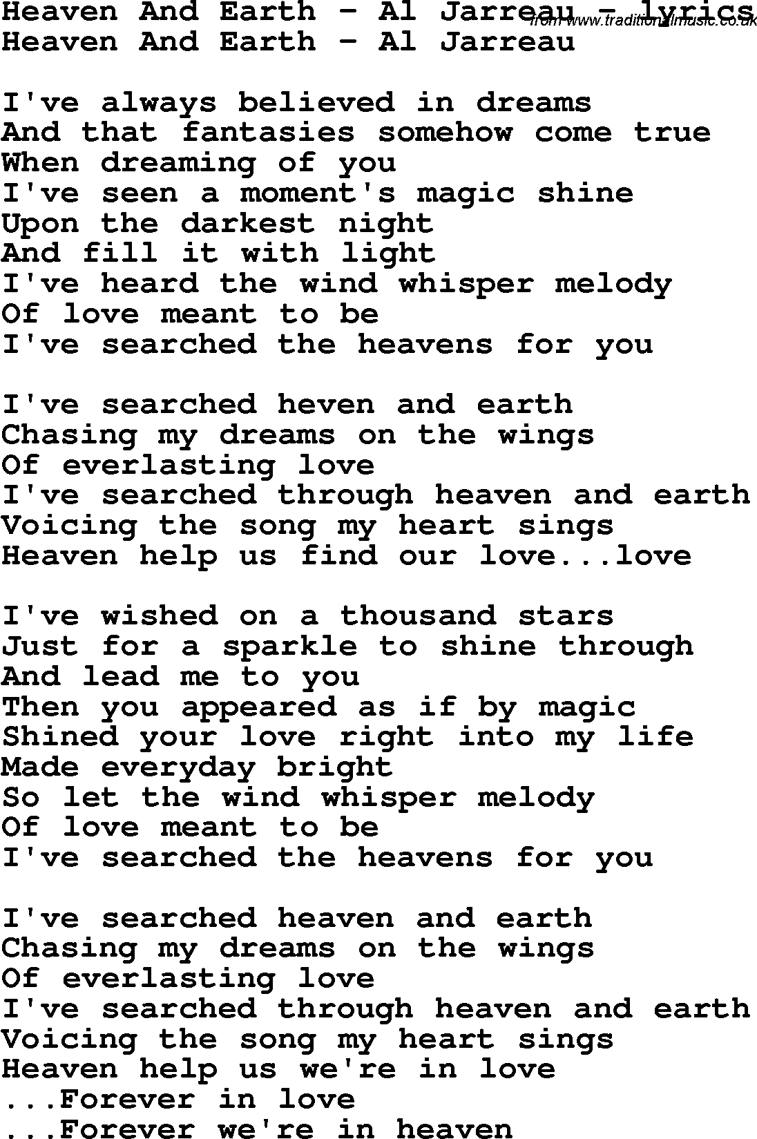 Love Song Lyrics for: Heaven And Earth - Al Jarreau