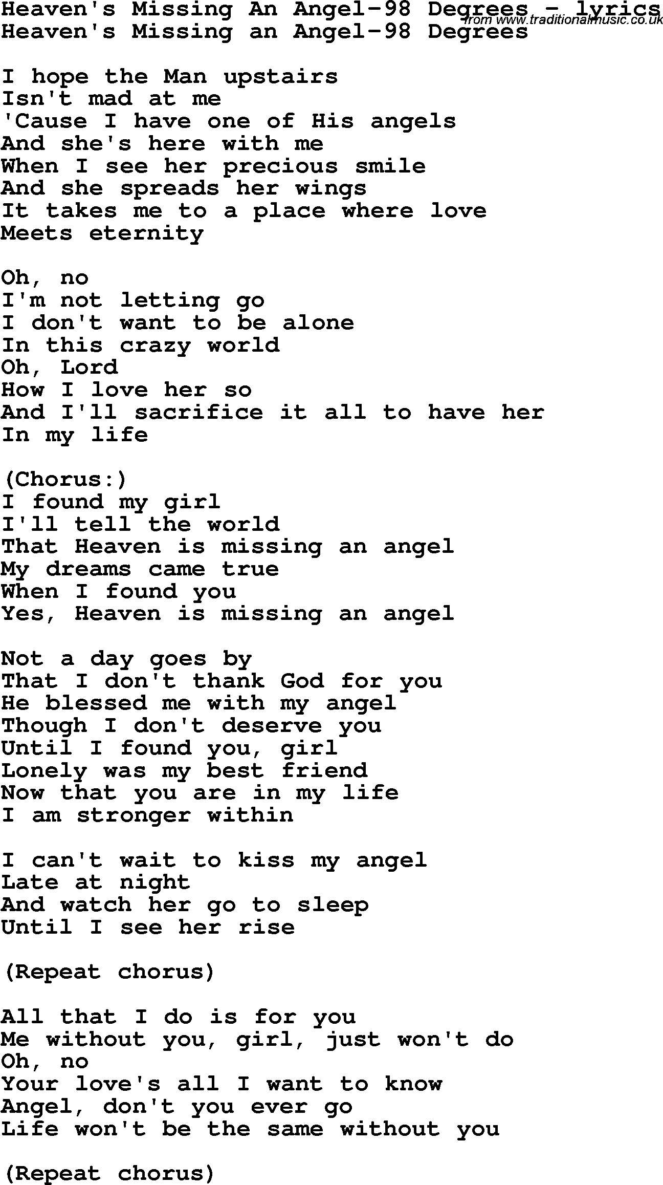 Love Song Lyrics for: Heaven's Missing An Angel-98 Degrees