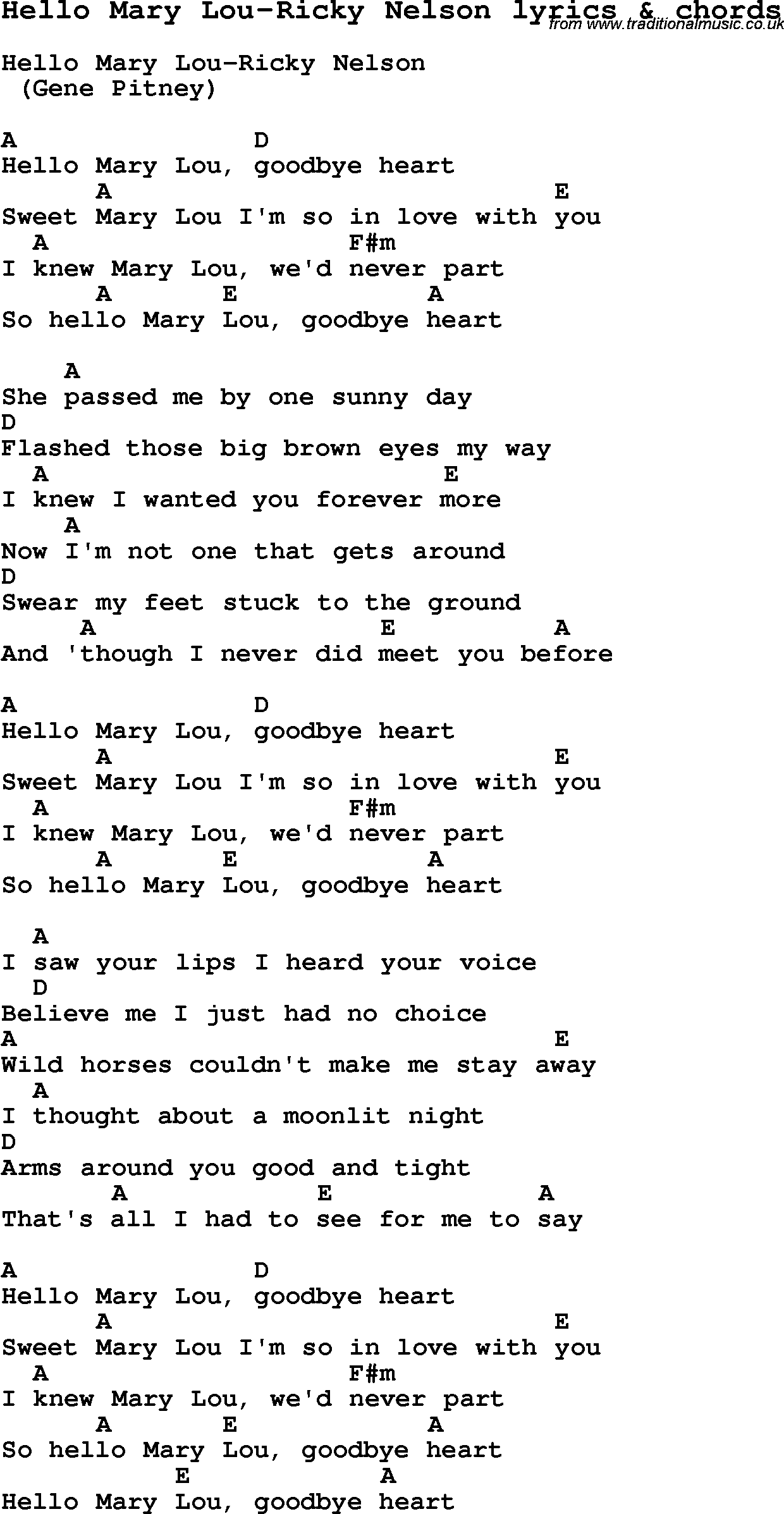 Love Song Lyrics for: Hello Mary Lou-Ricky Nelson with chords for Ukulele, Guitar Banjo etc.