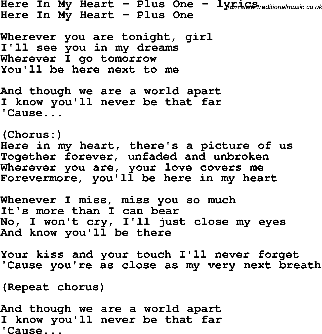 Love Song Lyrics for: Here In My Heart - Plus One