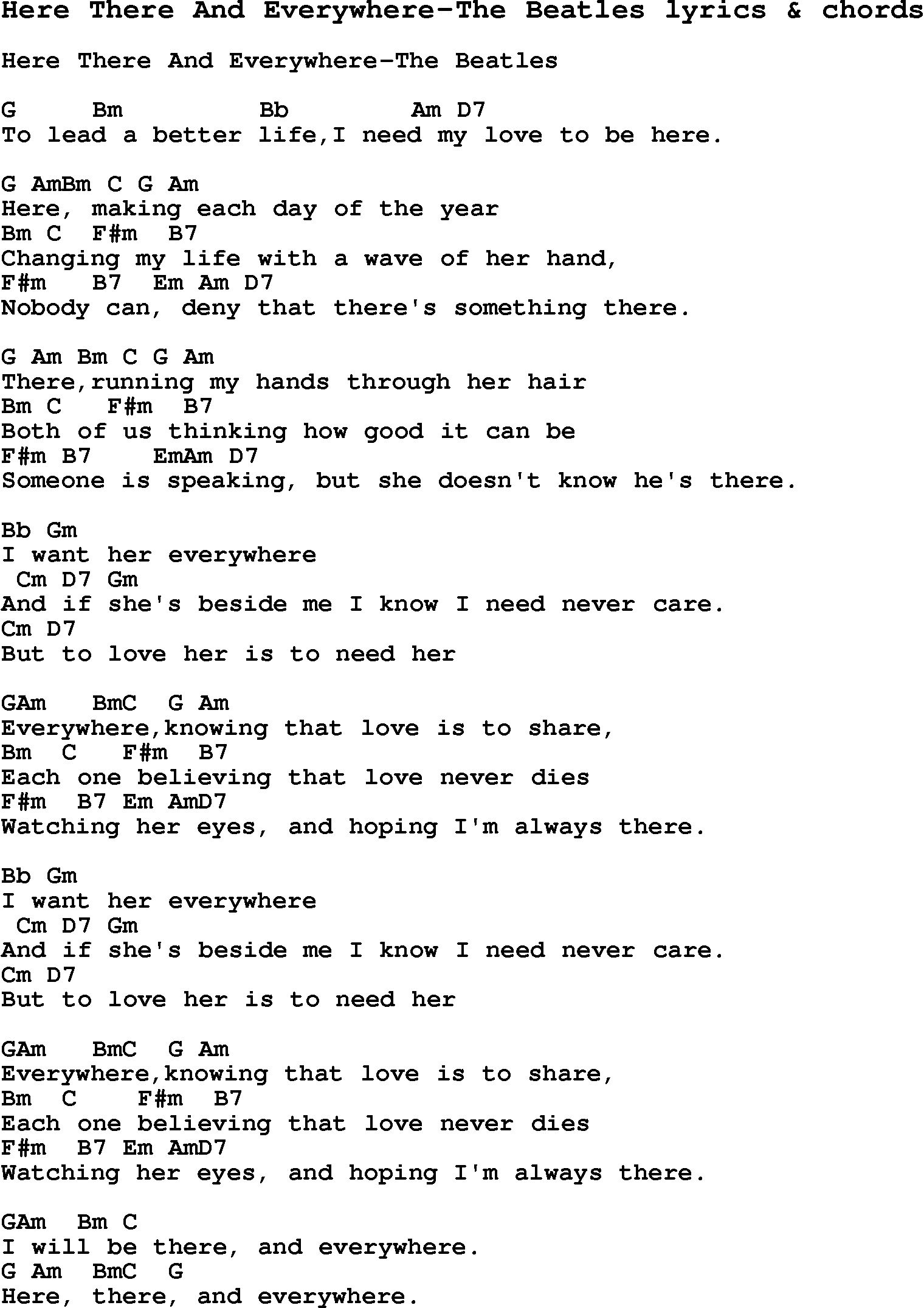 Love Song Lyrics for: Here There And Everywhere-The Beatles with chords for Ukulele, Guitar Banjo etc.