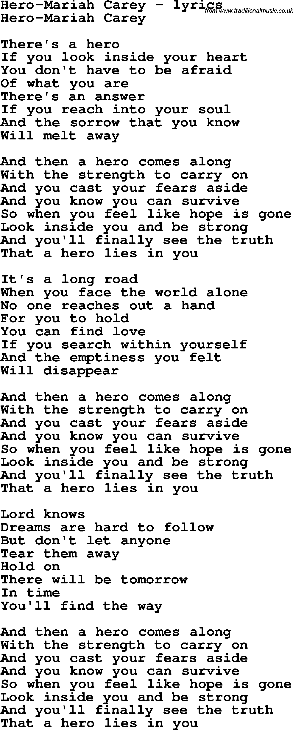Love Song Lyrics for: Hero-Mariah Carey