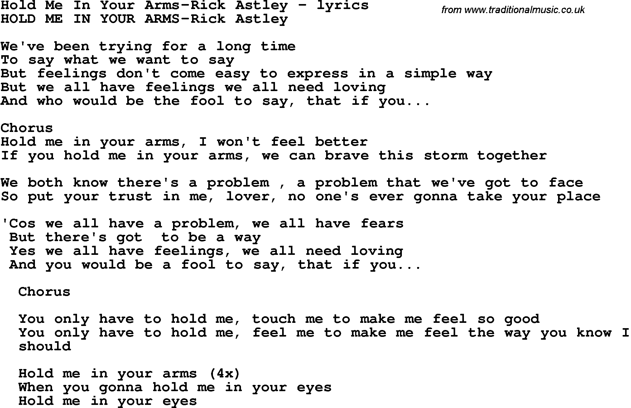 Love Song Lyrics for: Hold Me In Your Arms-Rick Astley