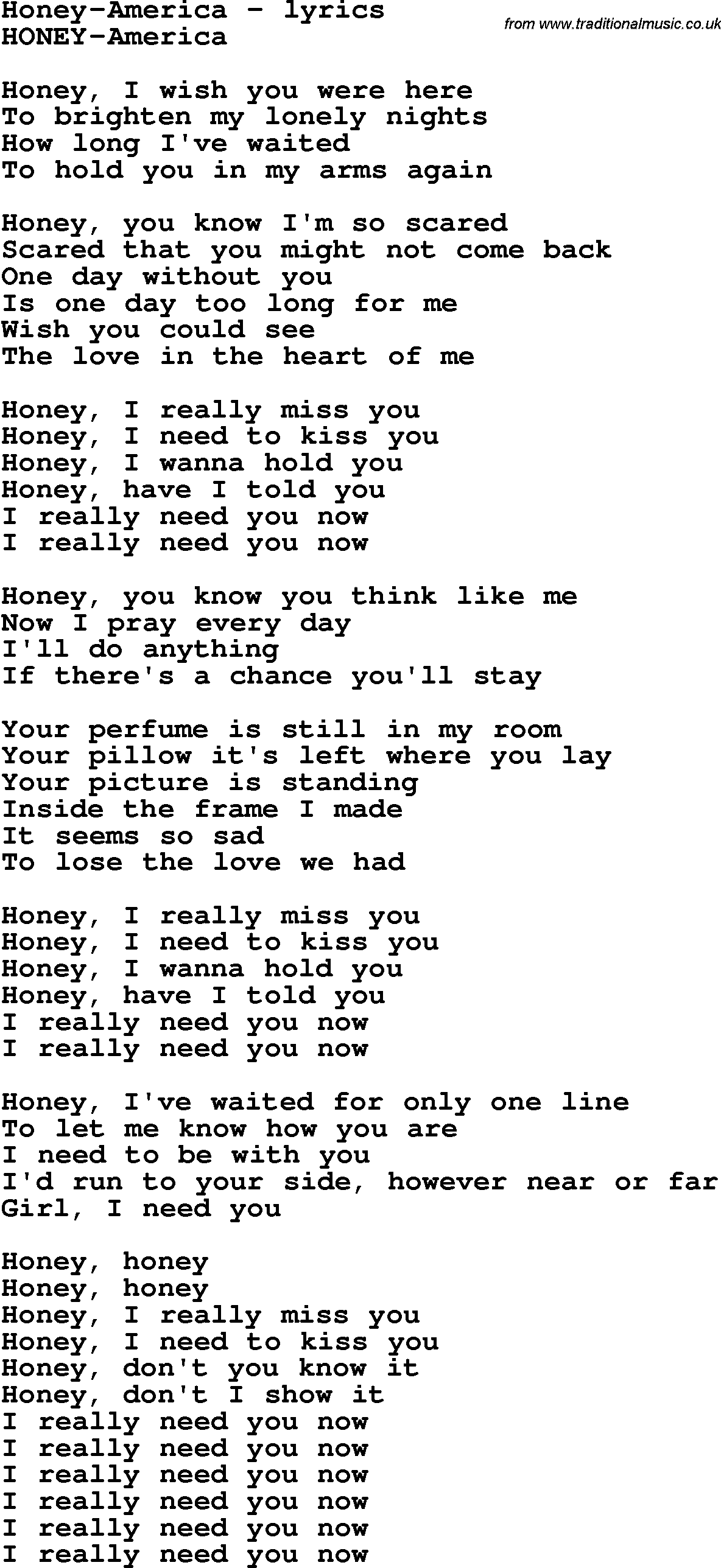 Love Song Lyrics for: Honey-America