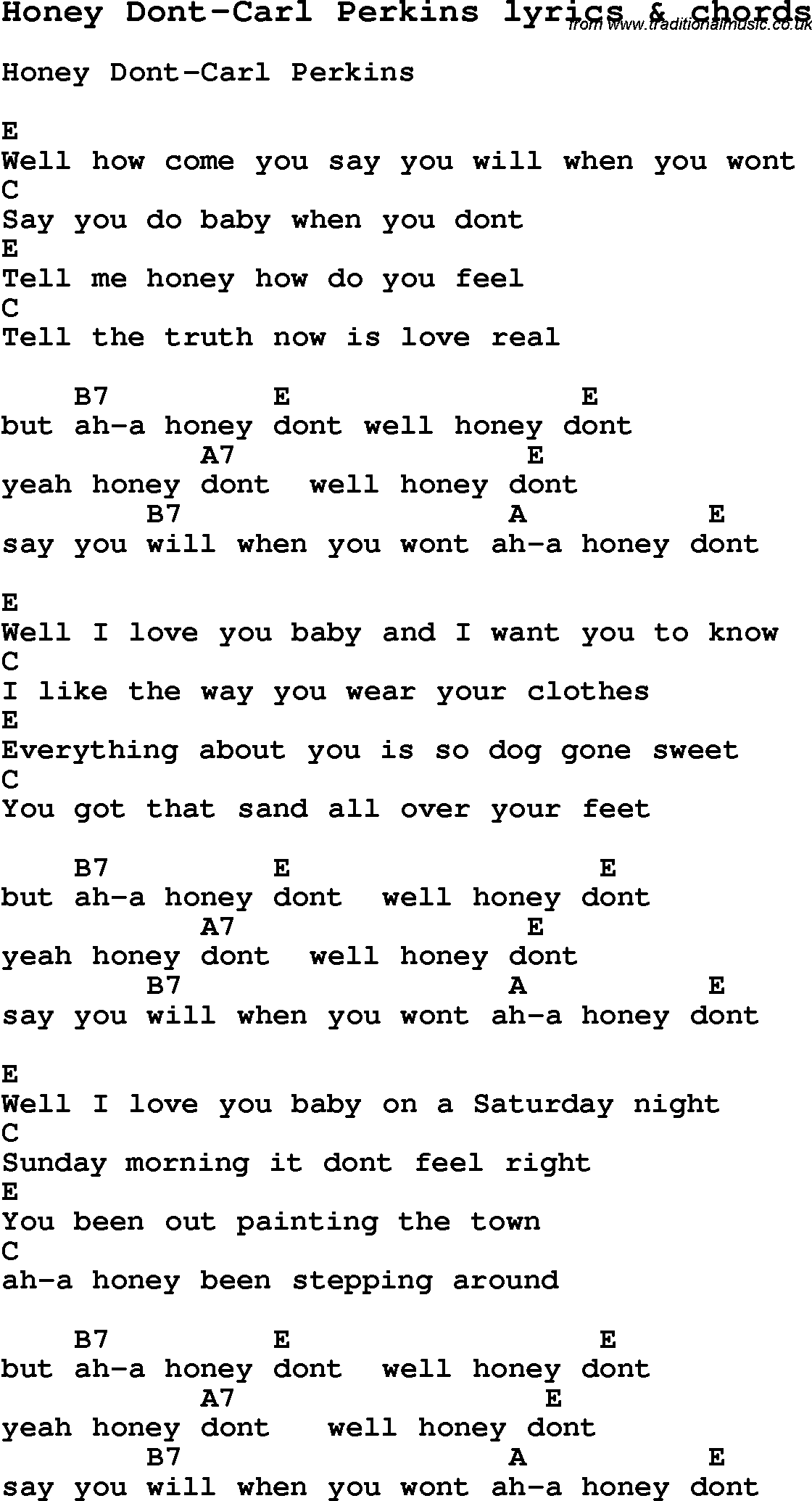 Love Song Lyrics for: Honey Dont-Carl Perkins with chords for Ukulele, Guitar Banjo etc.