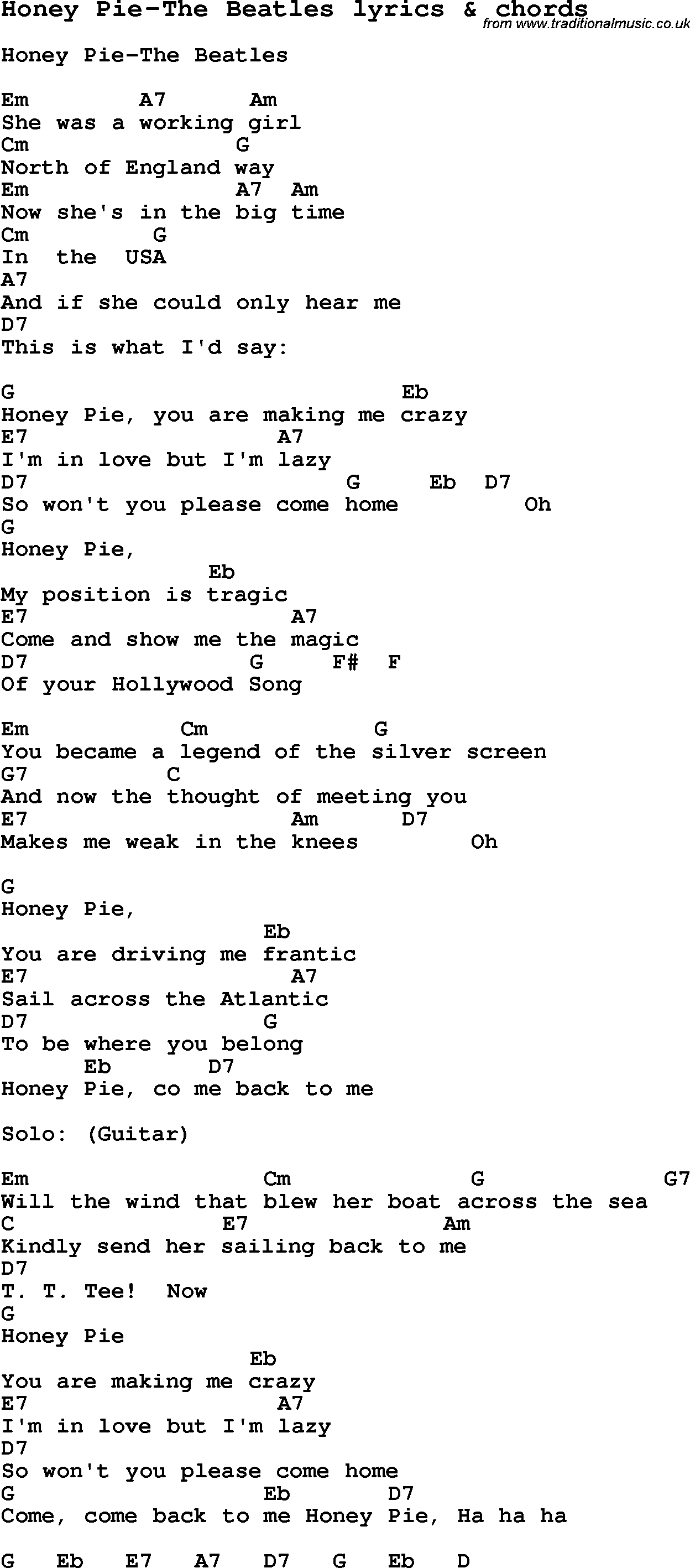 Love Song Lyrics for: Honey Pie-The Beatles with chords for Ukulele, Guitar Banjo etc.