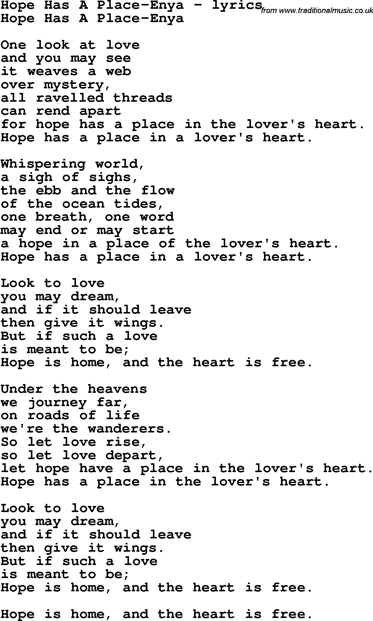 Love Song Lyrics for: Hope Has A Place-Enya