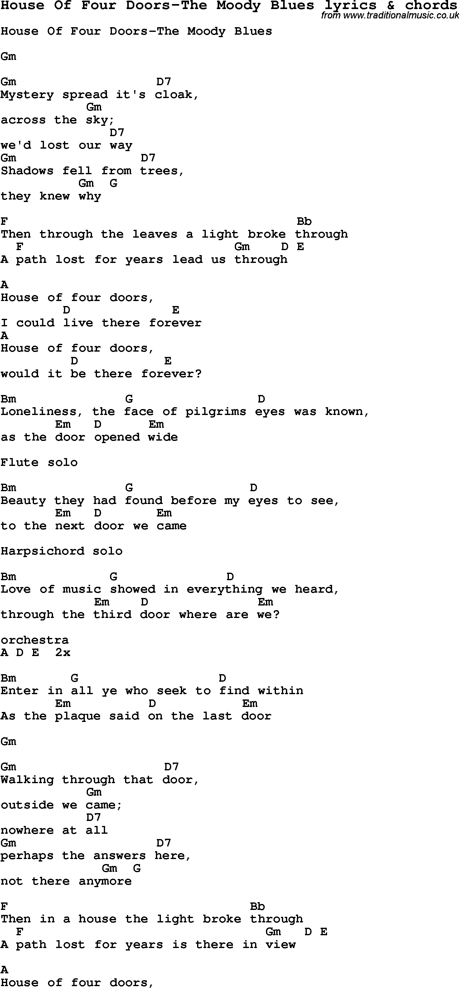 Love Song Lyrics for: House Of Four Doors-The Moody Blues with chords for Ukulele, Guitar Banjo etc.