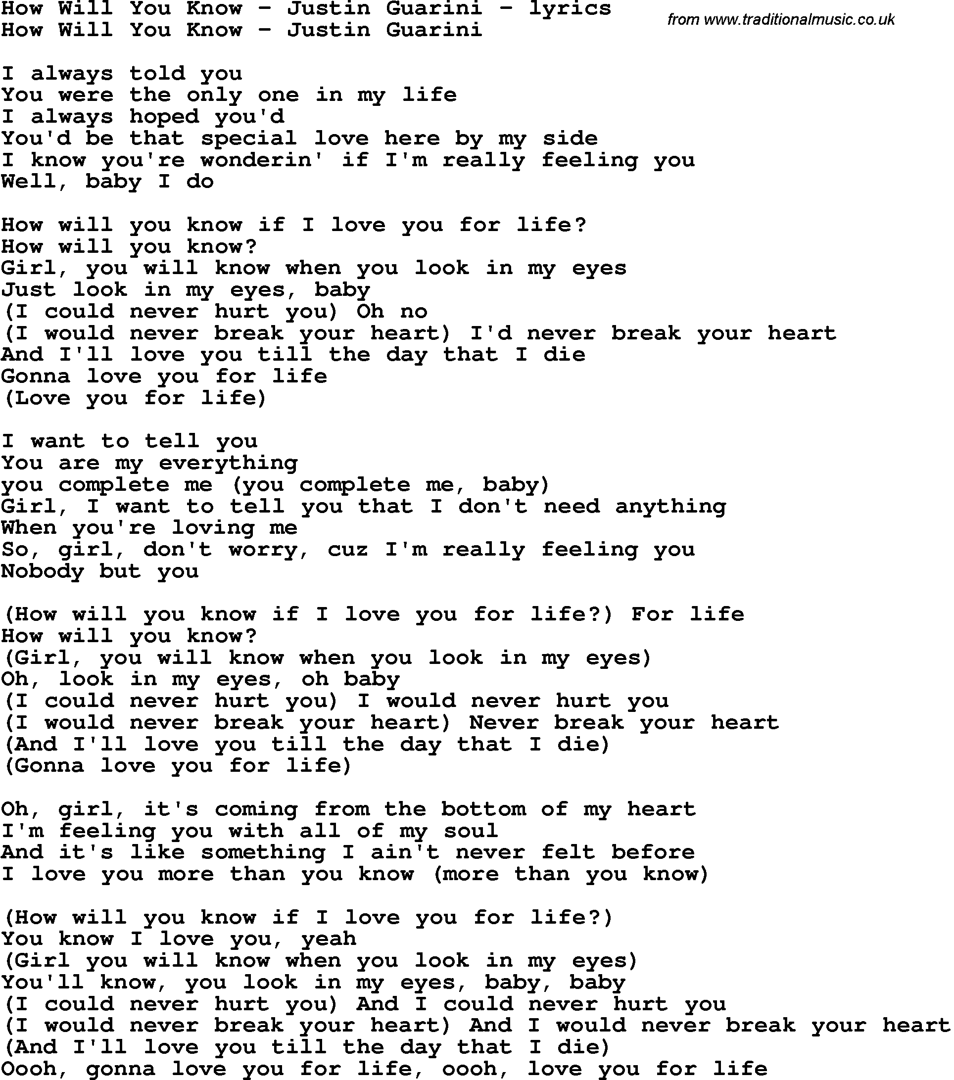 Love Song Lyrics for: How Will You Know - Justin Guarini