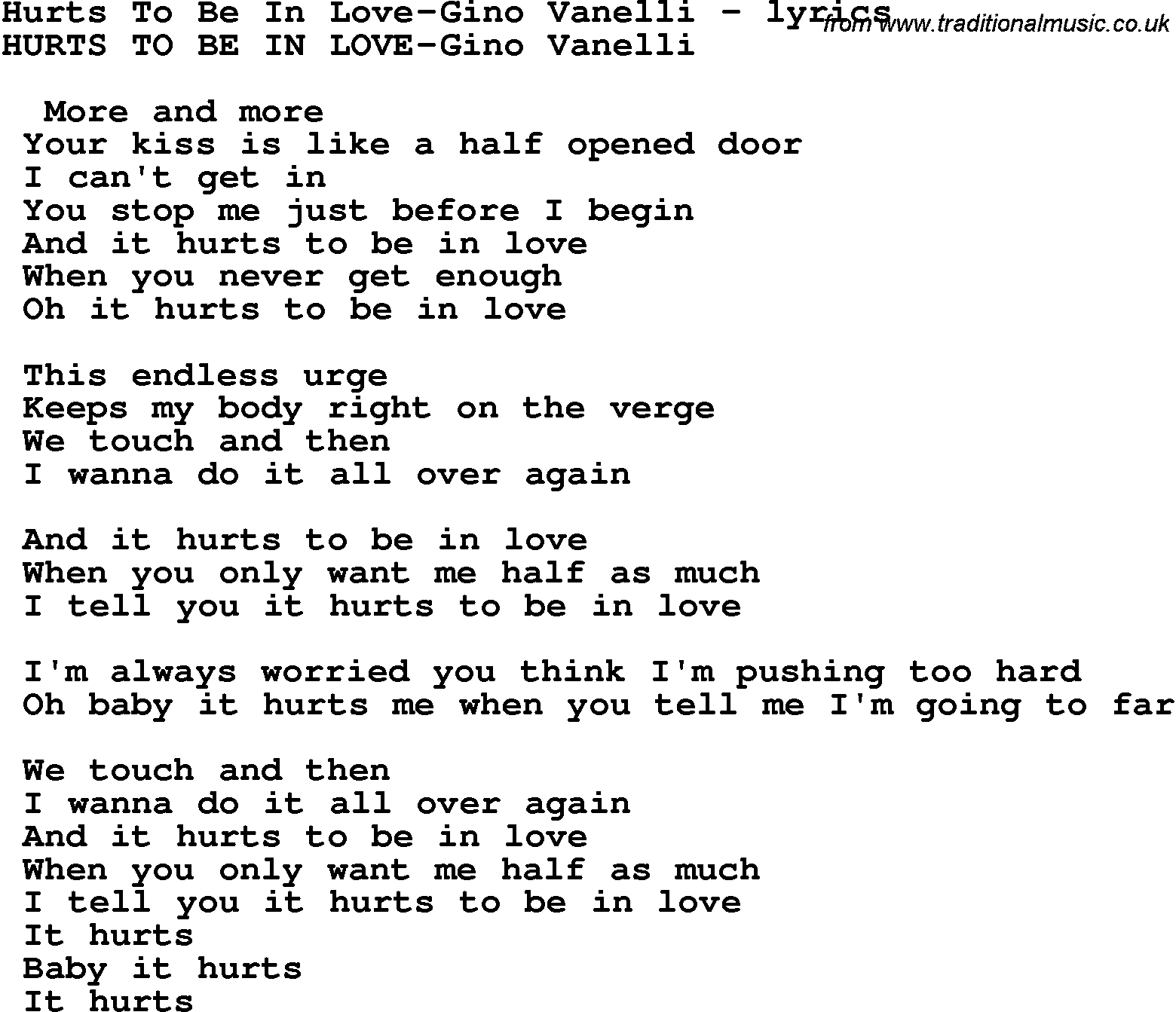 Love Song Lyrics for: Hurts To Be In Love-Gino Vanelli